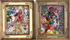 Set of 2 Abstract Paintings by Serg Graff "Flower Fairy"  "Mr Umbrella" Framed