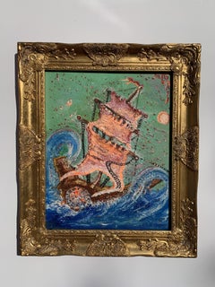 Pintura acrílica con textura sobre lienzo de Serg Graff, "Velas escarlata", Paisaje marino COA