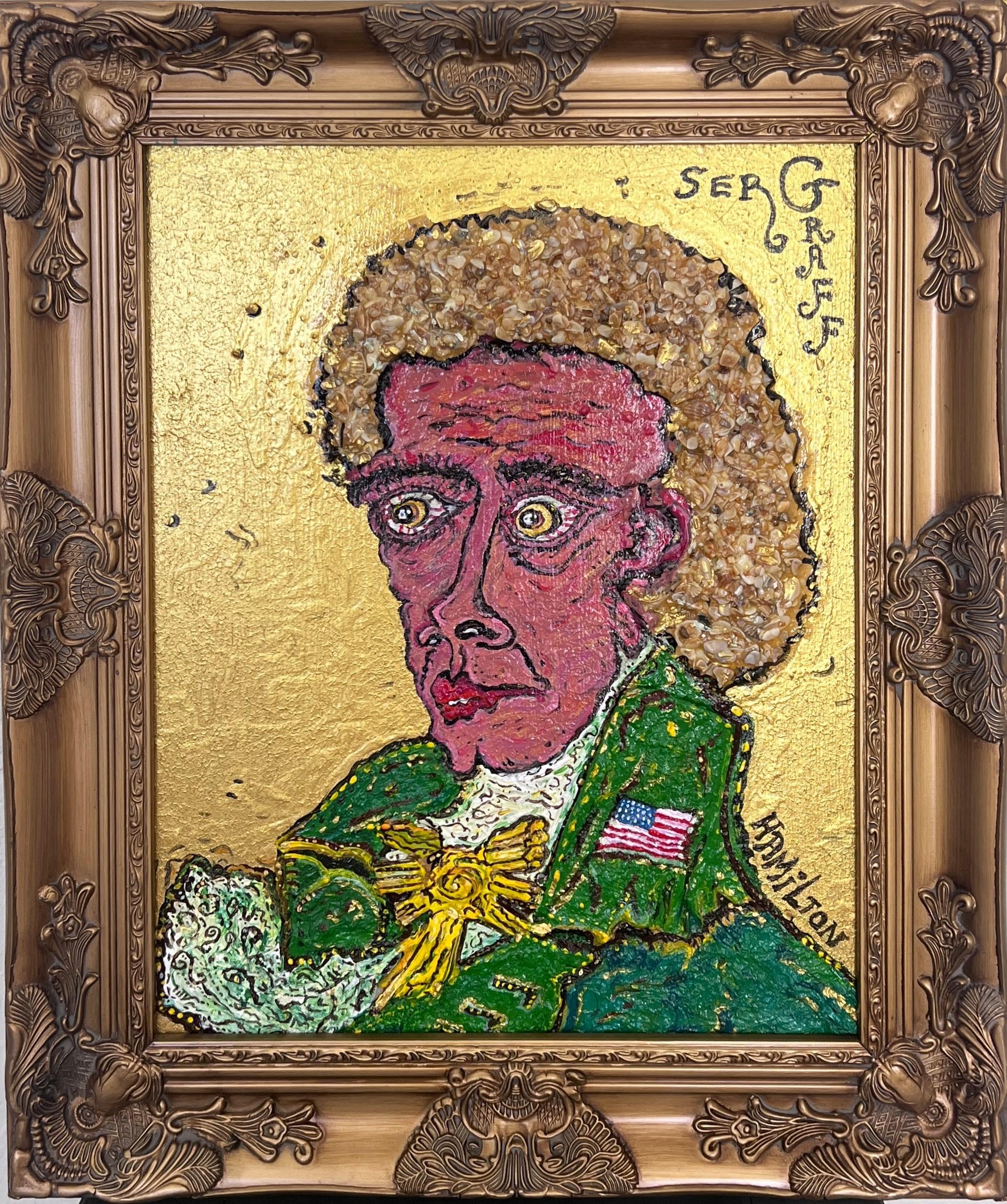 This bold and eccentric acrylic mixed-media portrait of Alexander Hamilton reimagines the Founding Father with expressive, exaggerated features and a striking color palette. 

The figure is set against a brilliant metallic gold background,