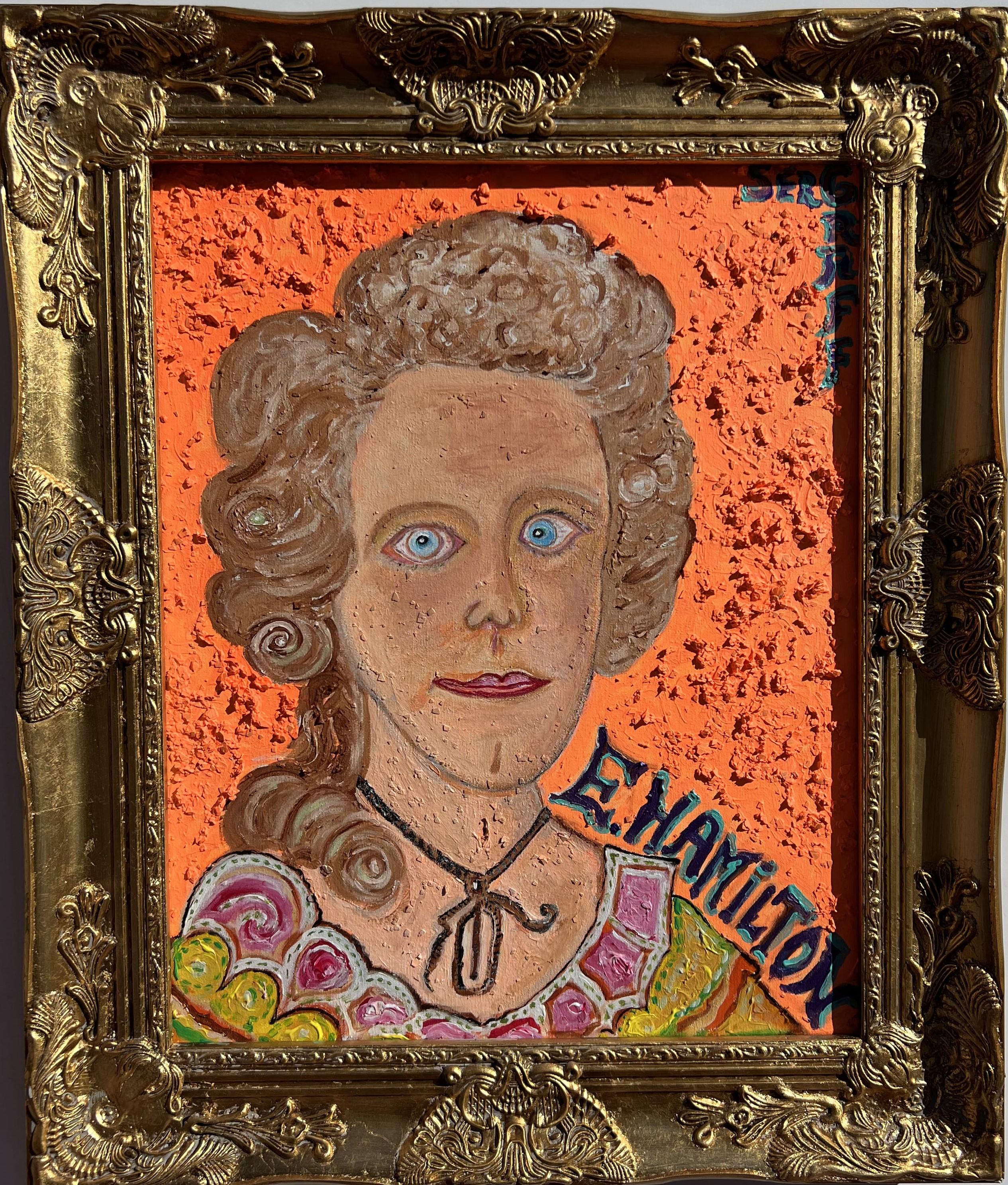 This is a rare unique original acrylic/oil painting on canvas in a naive primitivism style depicting Elizabeth Hamilton (1757-1854) the spouse of Alexander Hamilton (1757-1804) - one of the Founding Fathers of the United States.

Present in an