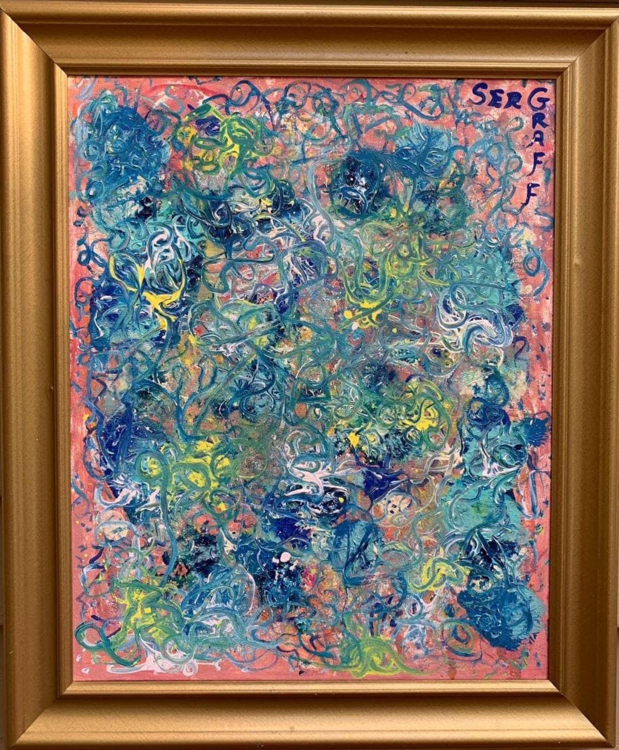 This is a one-of-a-kind original acrylic painting on canvas in a vibrant abstract style by contemporary artist Serg Graff, titled "Underwater Dream." The composition bursts with swirling layers of blue, green, and yellow over a warm coral-pink