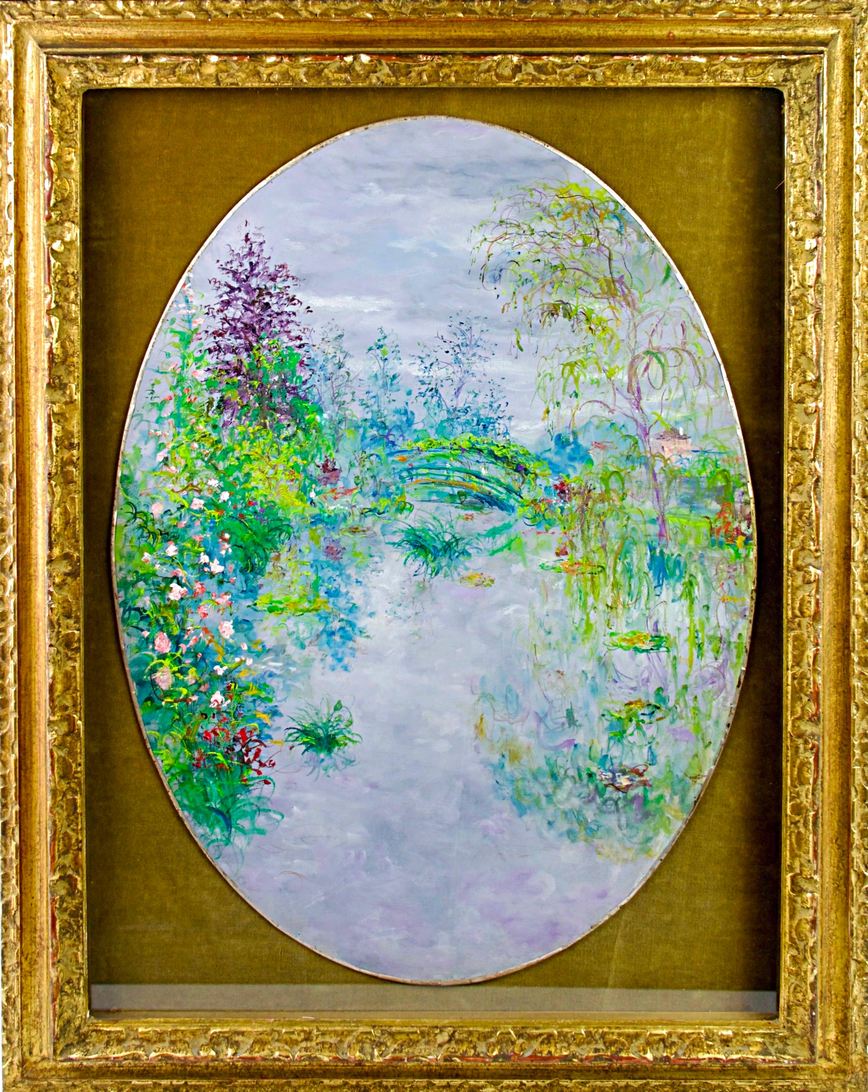 Superb and vivid painting of the Japanese bridge at Giverny, Claude Monet's (1883 - 1926) residence, by the artist Serge Belloni (1925-2005). Framed under glass. Frame gilt gold. Signed and dated 