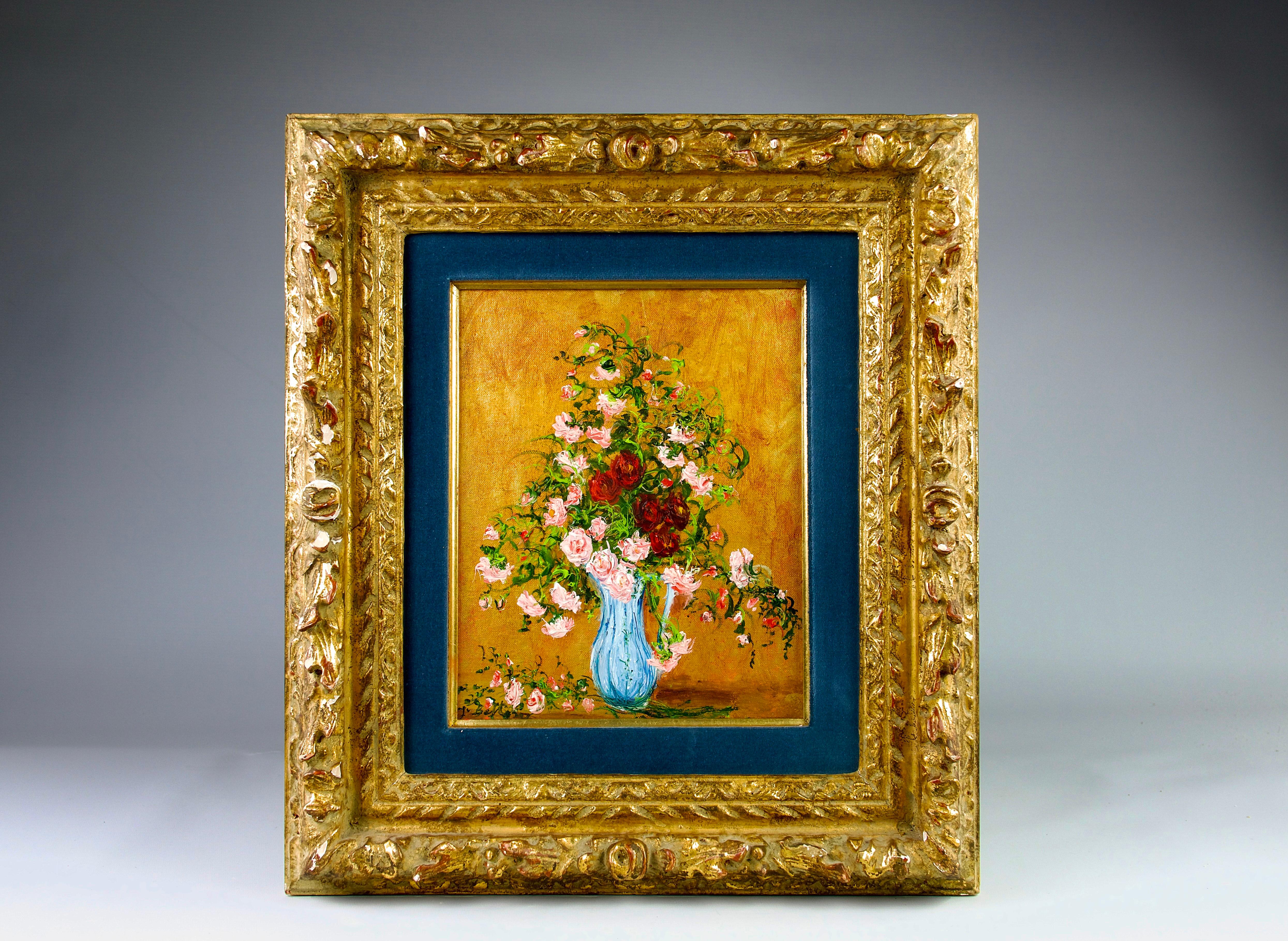 Beautiful painting of a bouquet of a bouquet of roses in a vase, by the artist Serge Belloni (1925-2005). Framed under glass. Frame gilt gold. Signed 