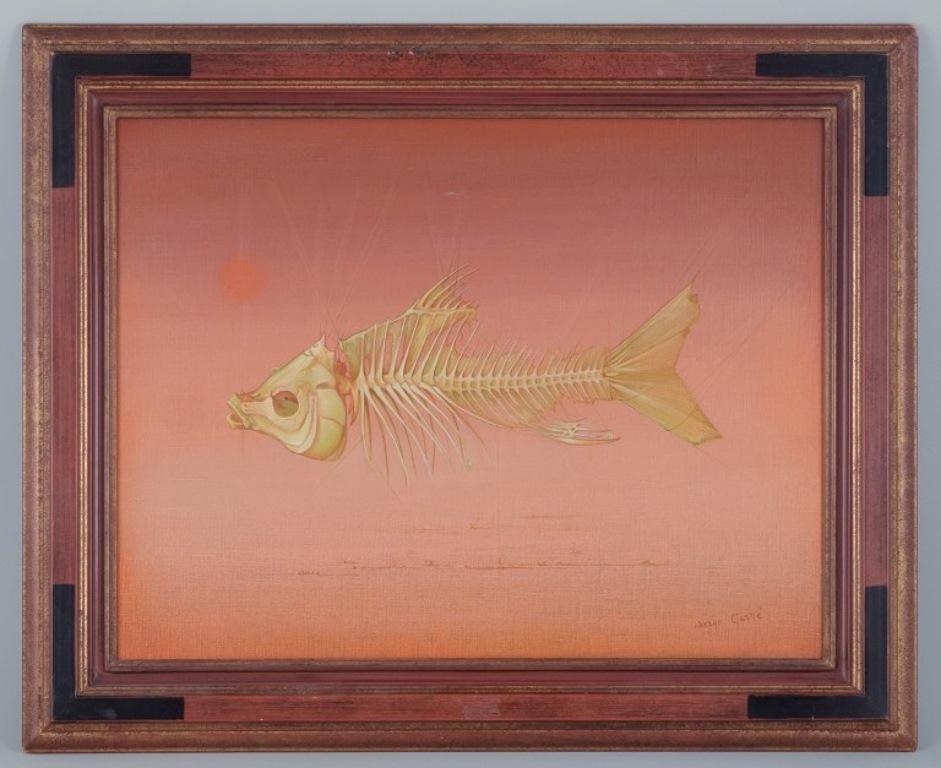 Serge Carre, French artist, oil on canvas.
Surrealistic arrangement with a fish skeleton.
Title: 