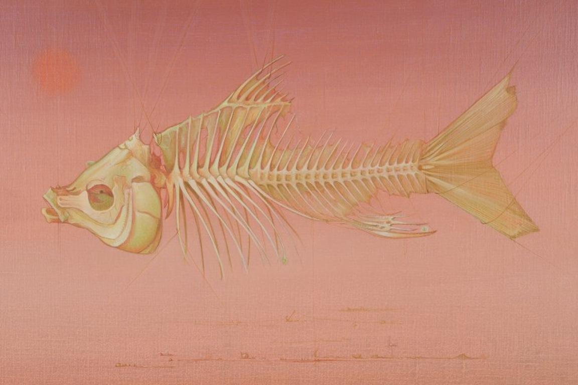 Serge Carre, French artist. Oil on canvas. Surrealistic arrangement with a fish  In Excellent Condition For Sale In Copenhagen, DK