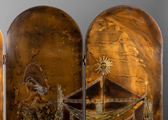 Serge Damon, Paravento pieghevole di metà secolo, legno dorato e laccato, Francia, 1950