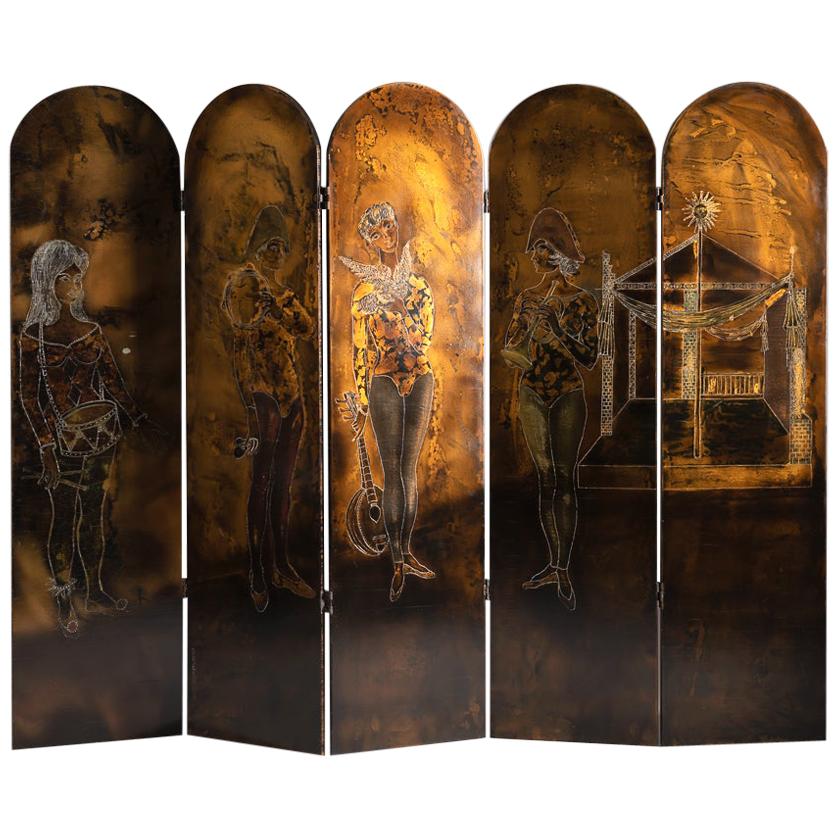 Serge Damon, Mid-Century Folding Screen, Gilt and Lacquered Wood, France, 1950 For Sale