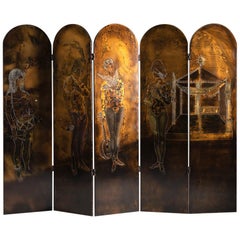 Vintage Serge Damon, Mid-Century Folding Screen, Gilt and Lacquered Wood, France, 1950