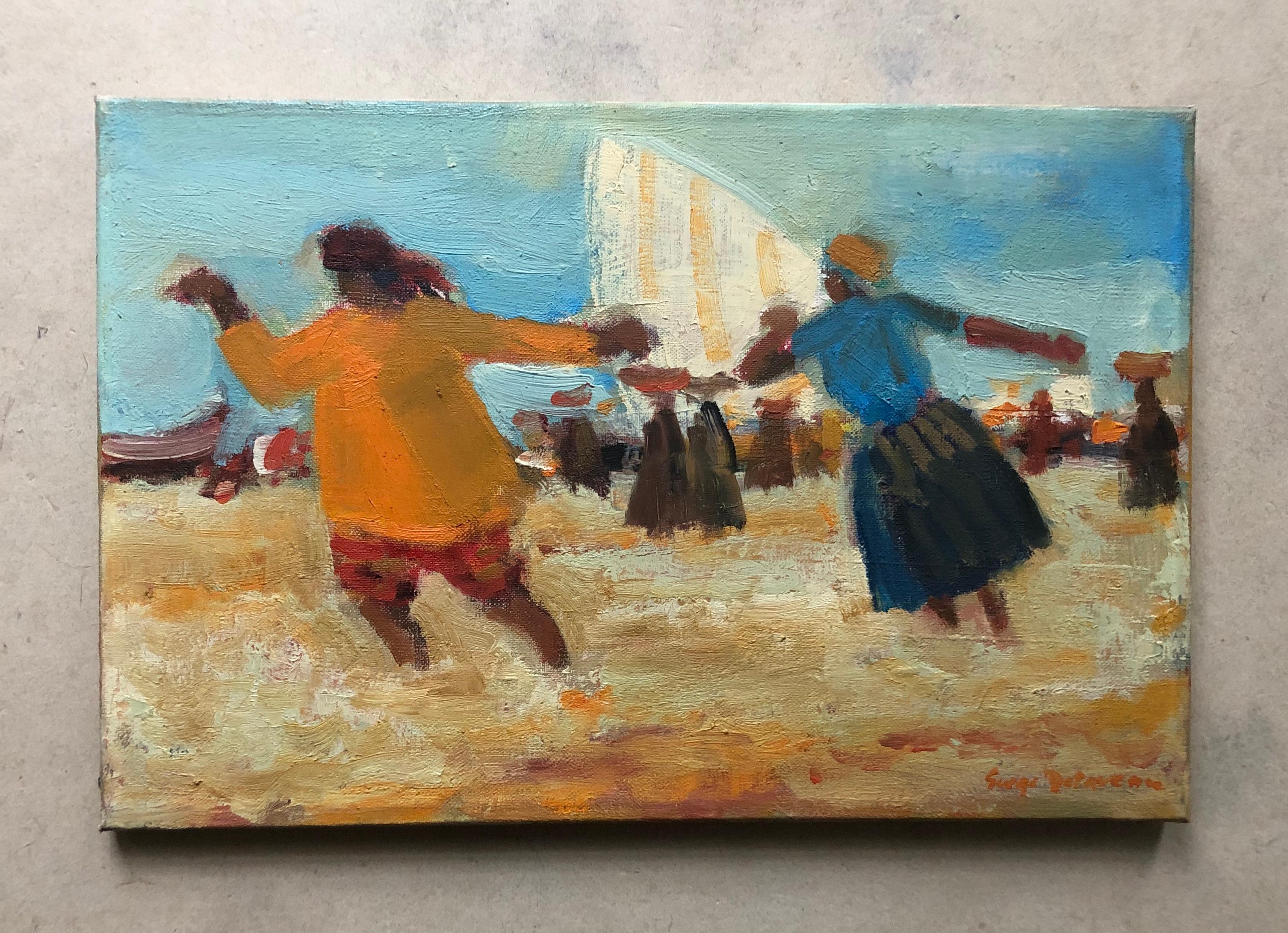 Serge Delaveau, Animated Beach, Oil On Canvas For Sale 1