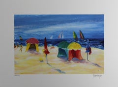 Serge Desnoyers - "Activité a la plage" - color lithograph