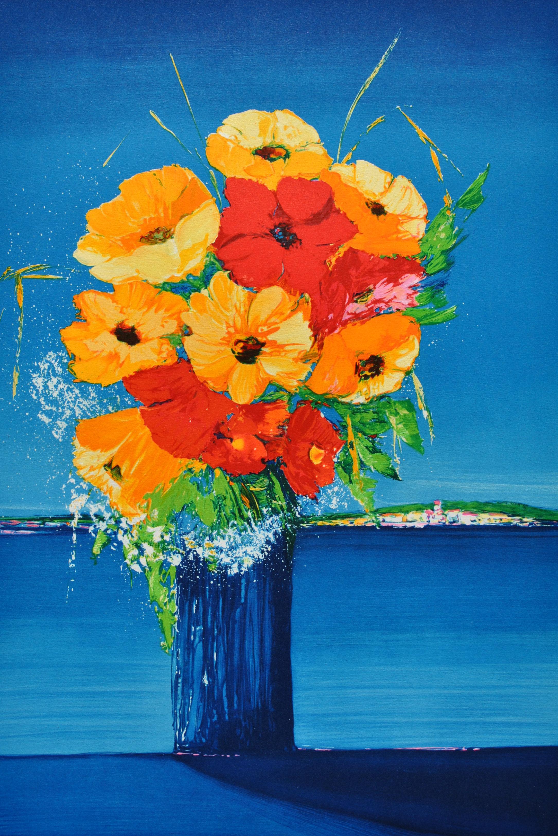 Blumenstrauß und Mittelmeer - Original Lithographie, HANDSIGNIERT & GmbH /290 – Print von Serge FENECH