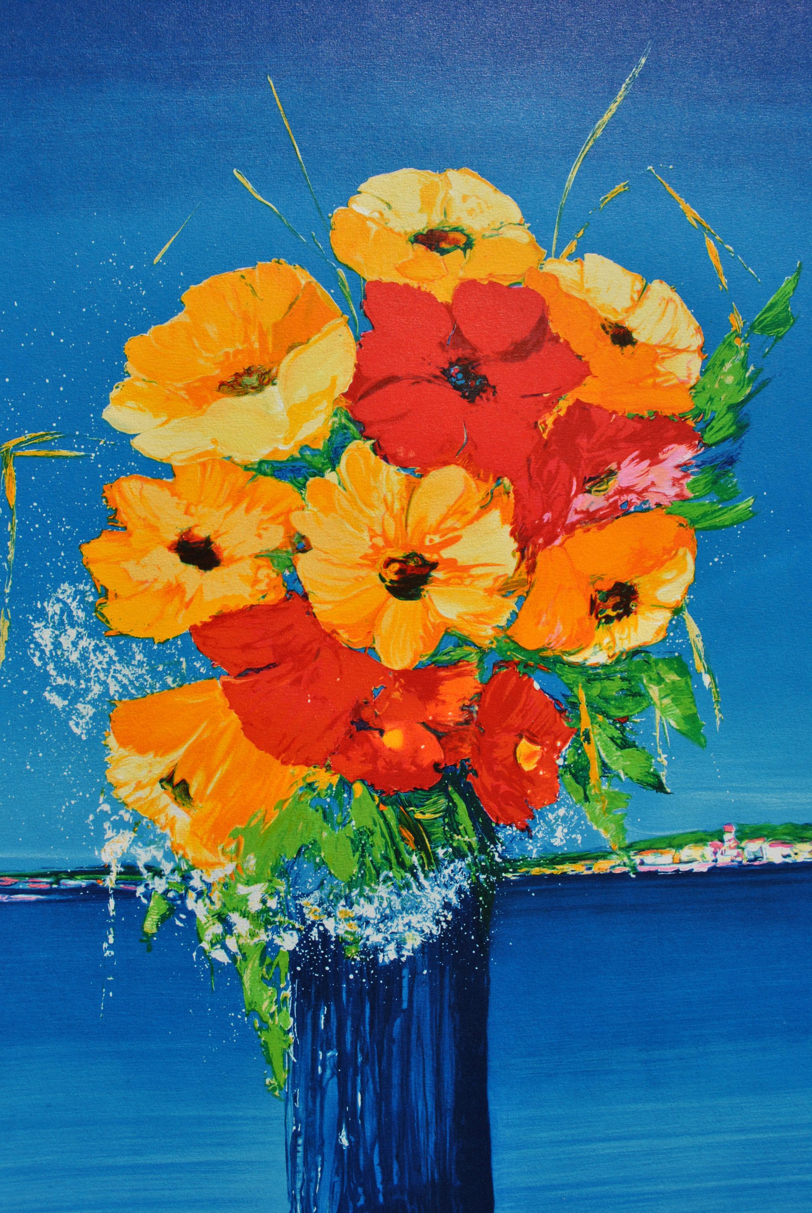 Blumenstrauß und Mittelmeer - Original Lithographie, HANDSIGNIERT & GmbH /290 im Angebot 1