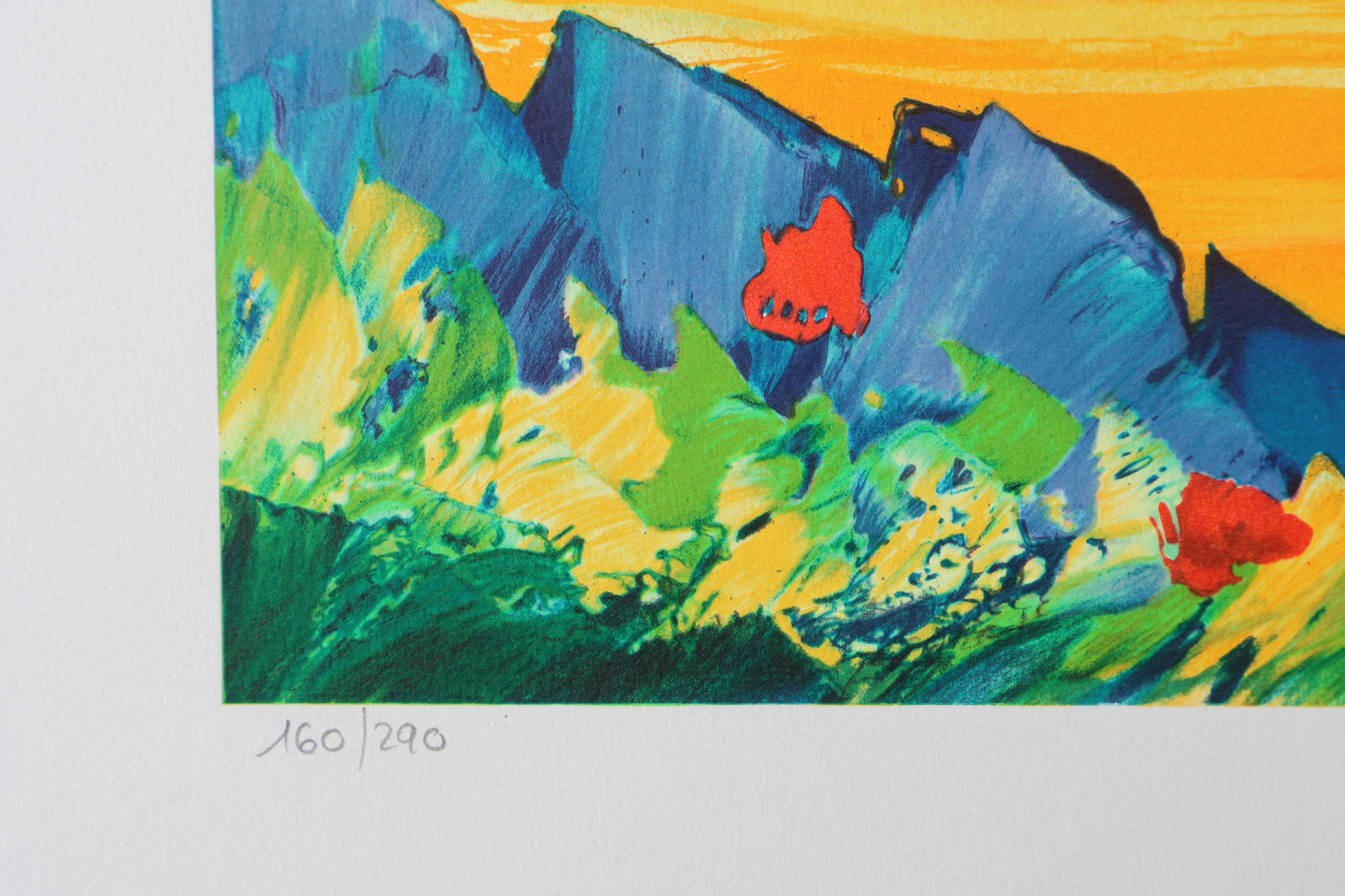 Provencal Landscape - Original Lithograph, HANDSIGNED & Ltd /290 - Landscape Print Blu di Serge FENECH
