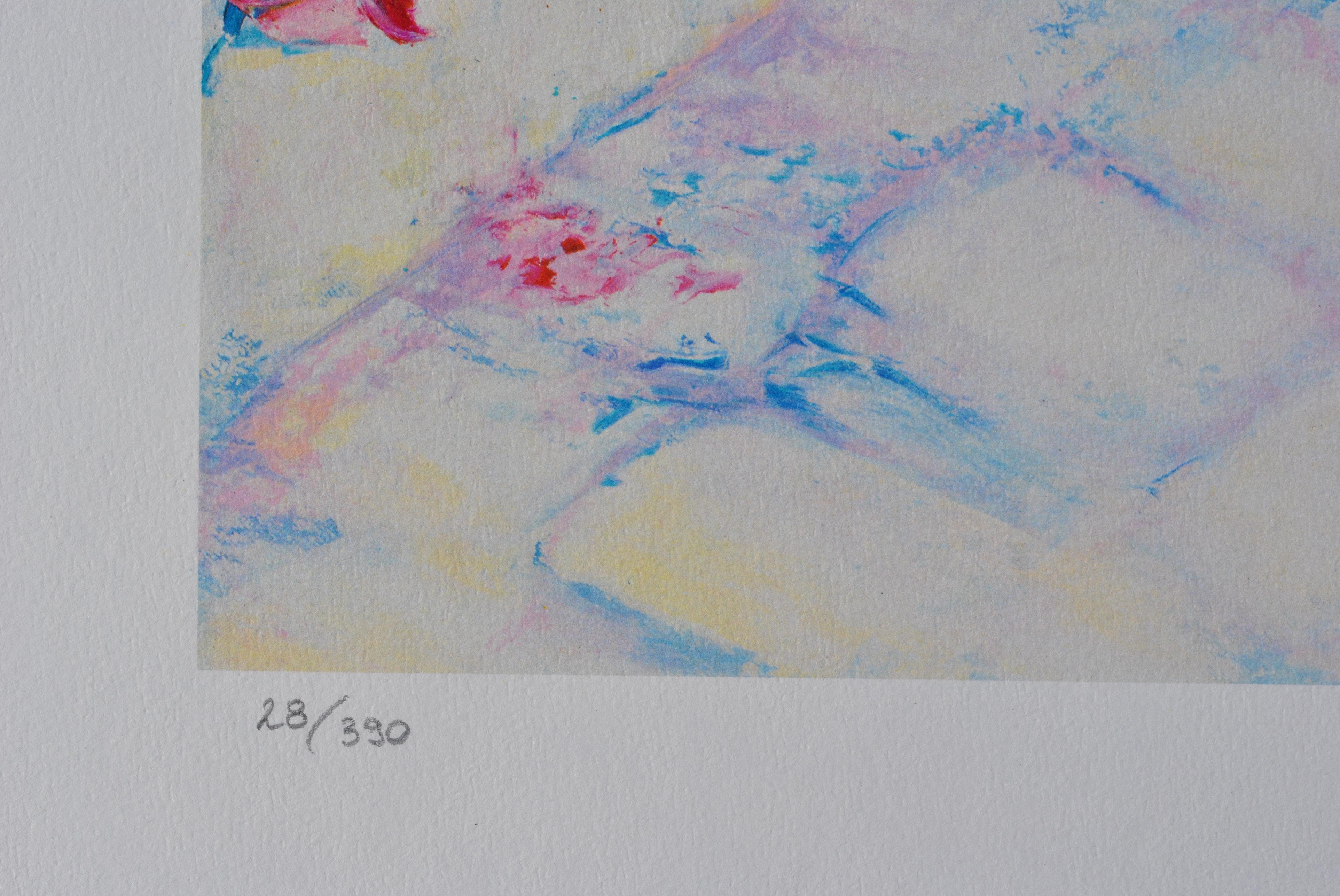 Riviera : Flowers at Santorini - Original Lithograph, HANDSIGNED & Ltd /390 - Gray Landscape Print by Serge FENECH