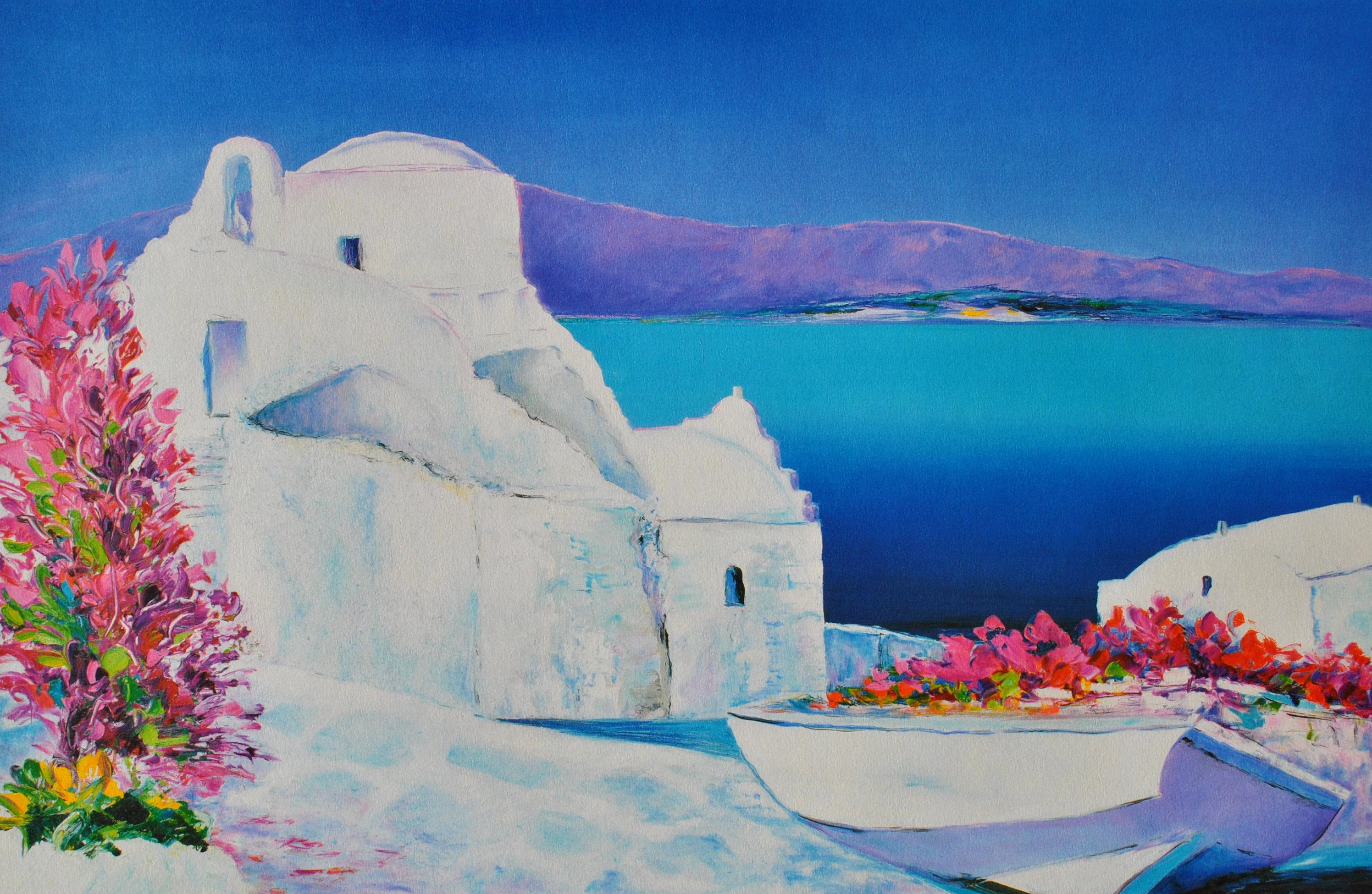 Riviera : Bateau fleuri à Santorin - Lithographie originale, SIGNÉE DE LA MAIN & Ltd /390 - Print de Serge FENECH