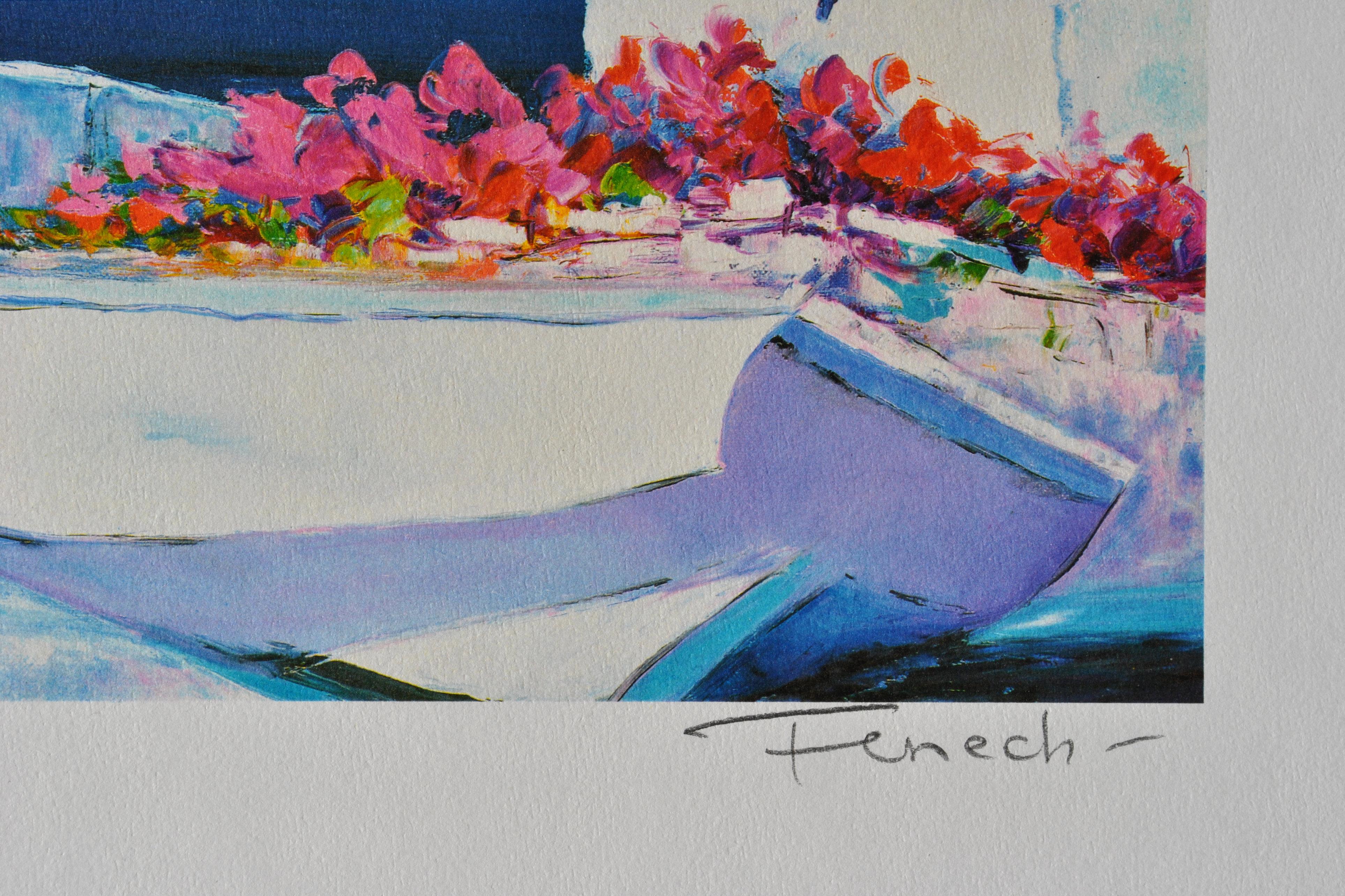 Riviera : Bateau fleuri à Santorin - Lithographie originale, SIGNÉE DE LA MAIN & Ltd /390 - Moderne Print par Serge FENECH