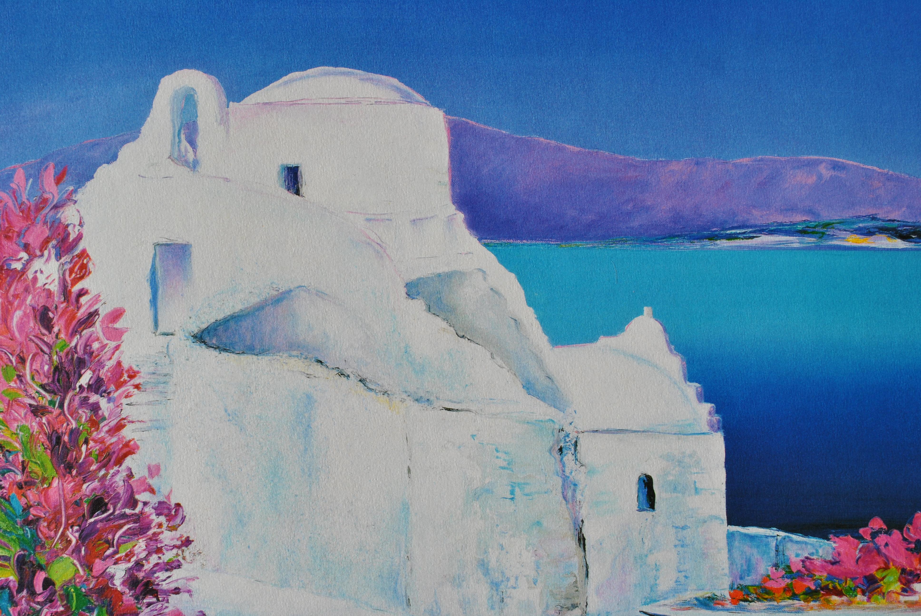 Riviera : Bateau fleuri à Santorin - Lithographie originale, SIGNÉE DE LA MAIN & Ltd /390 en vente 2
