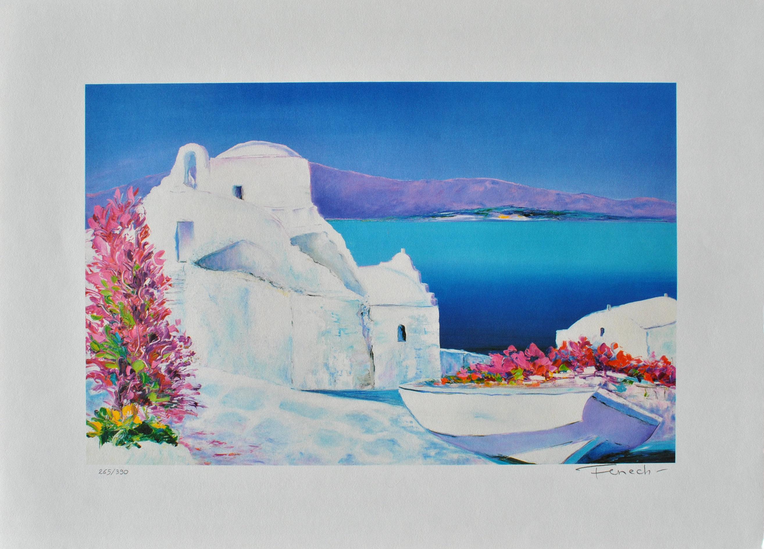 Riviera: Barca fiorita a Santorini - Litografia originale, firmata a mano & Ltd /390