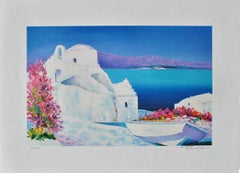 Riviera: Barca fiorita a Santorini - Litografia originale, firmata a mano & Ltd /390