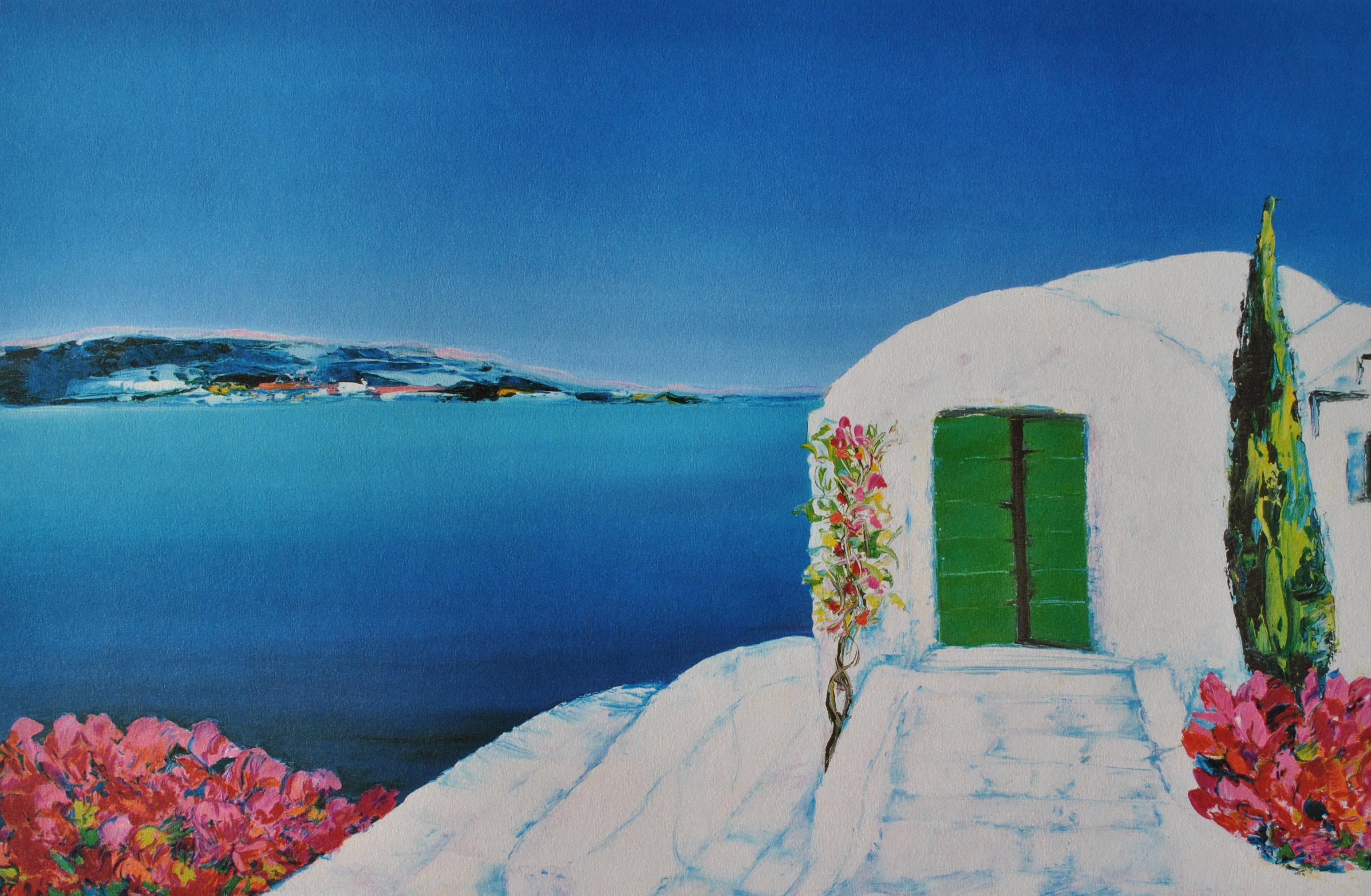 Riviera : Blick auf Cyclades - Original Lithographie, HANDSIGNIERT & GmbH /390 – Print von Serge FENECH