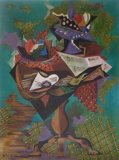 Still Life with Guitar on Gueridon - Oil Painting Russian Cubism French