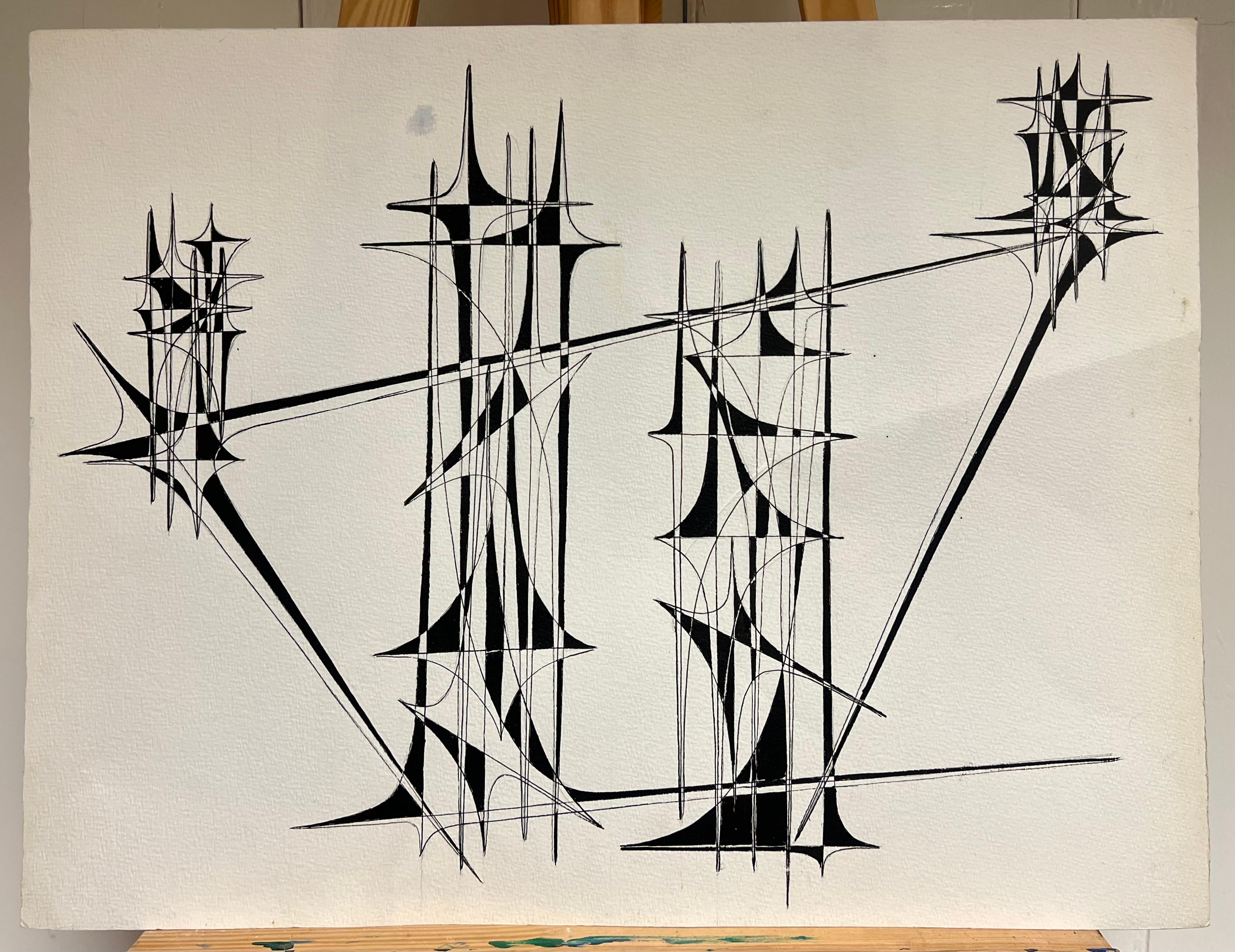 Disegno a inchiostro di composizione astratta geometrica francese del XX secolo 1970 - Painting di Serge Guerin (1916)