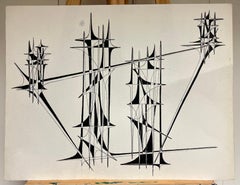20th Century French Geometric Abstract Composition Ink Drawing 1970's
