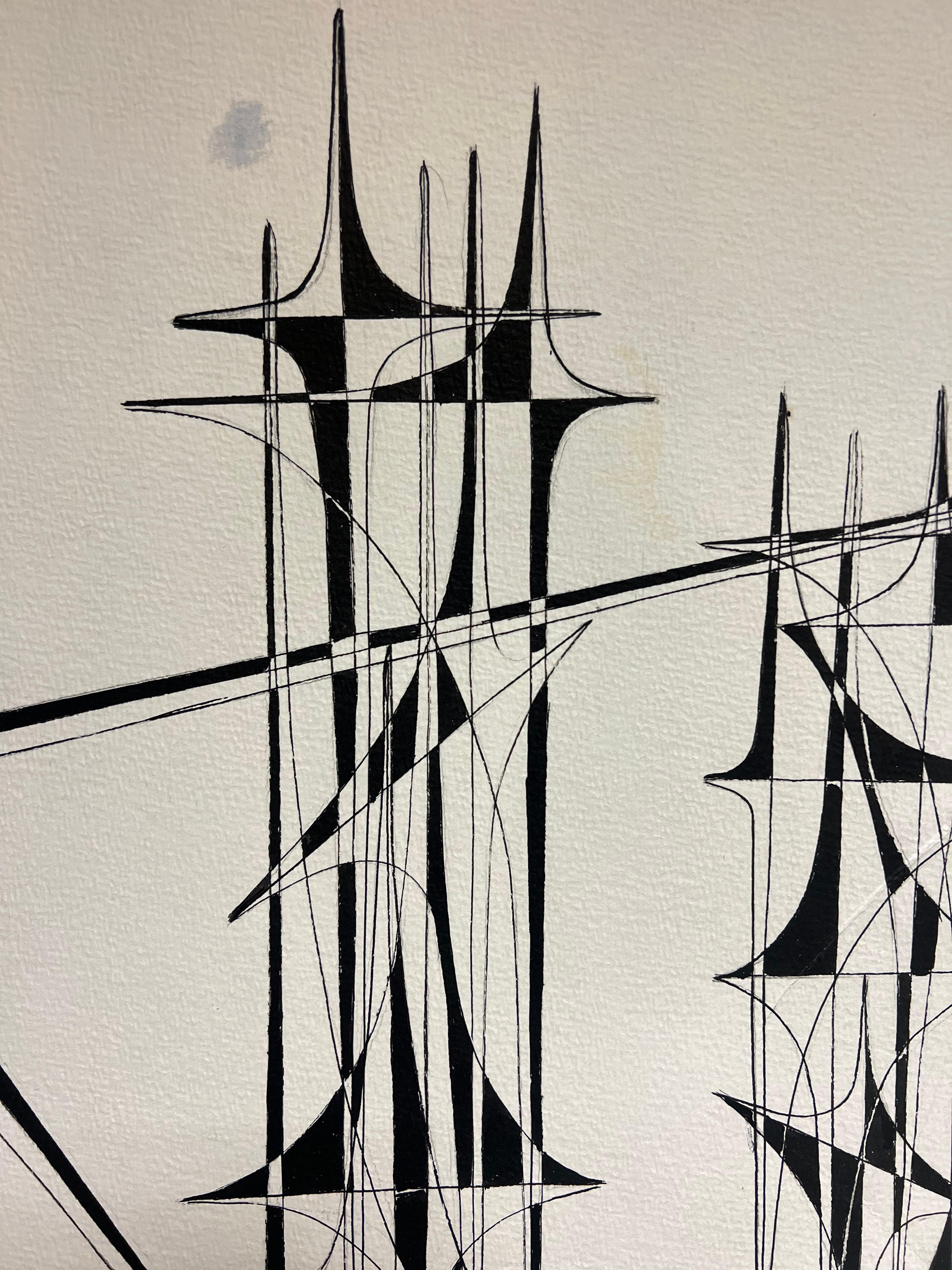 Disegno a inchiostro di composizione astratta geometrica francese del XX secolo 1970 - Painting Astrattismo geometrico di Serge Guerin (1916)