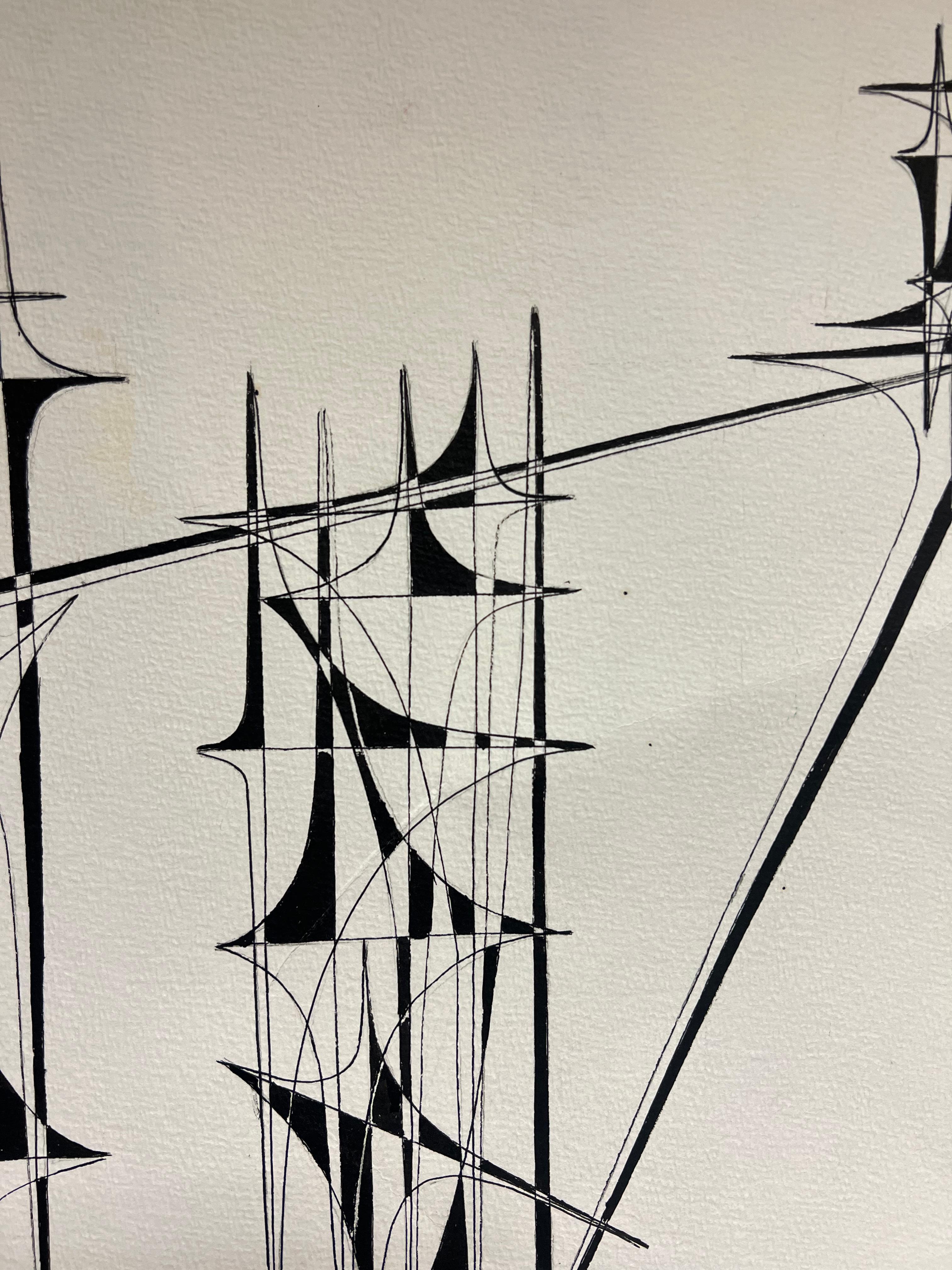 Disegno a inchiostro di composizione astratta geometrica francese del XX secolo 1970 - Abstract Painting Beige di Serge Guerin (1916)