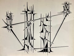 20th Century French Geometric Abstract Composition Ink Drawing 1970's