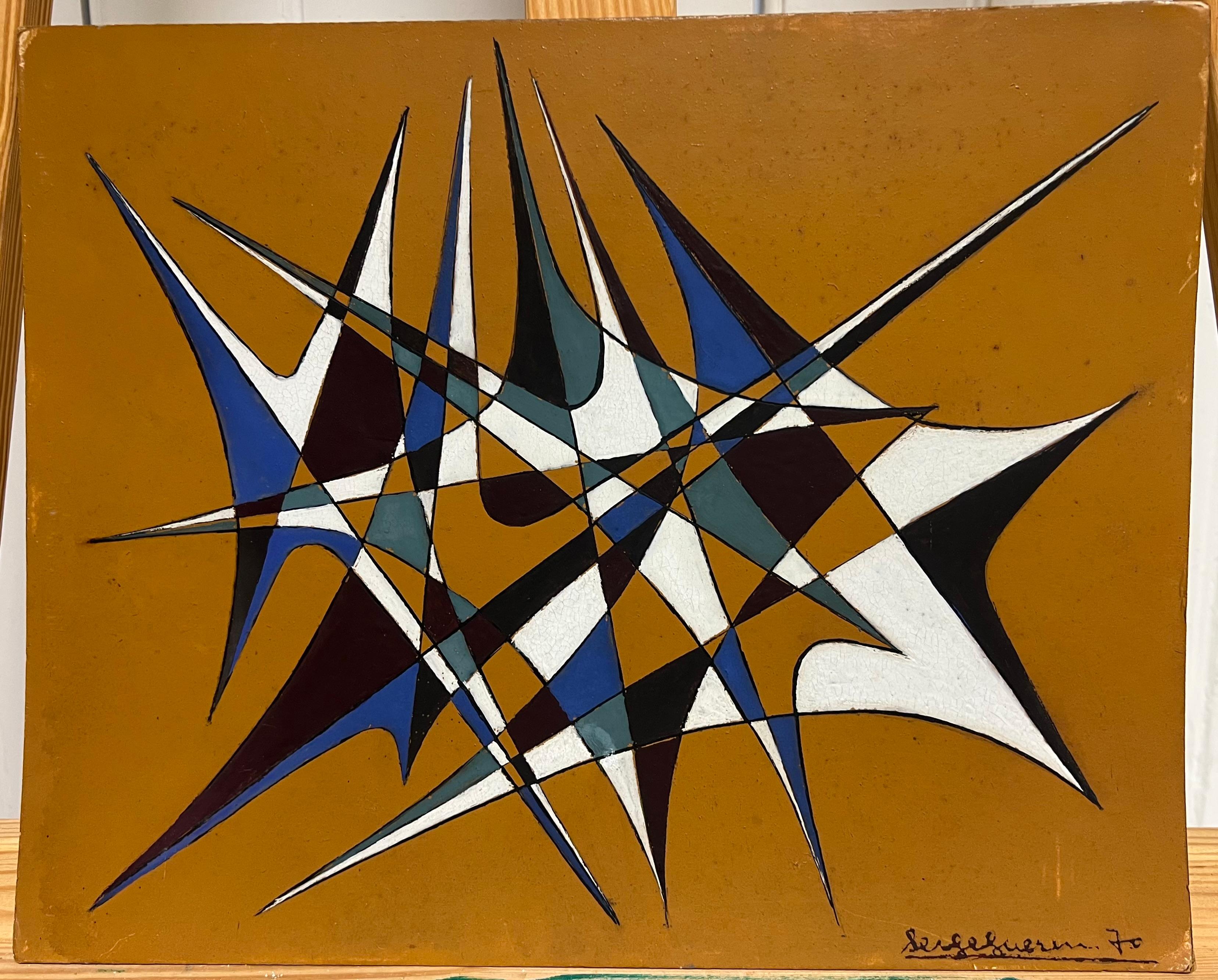 Pittura ad olio di composizione astratta geometrica francese del XX secolo, anni '70 - Painting di Serge Guerin (1916)
