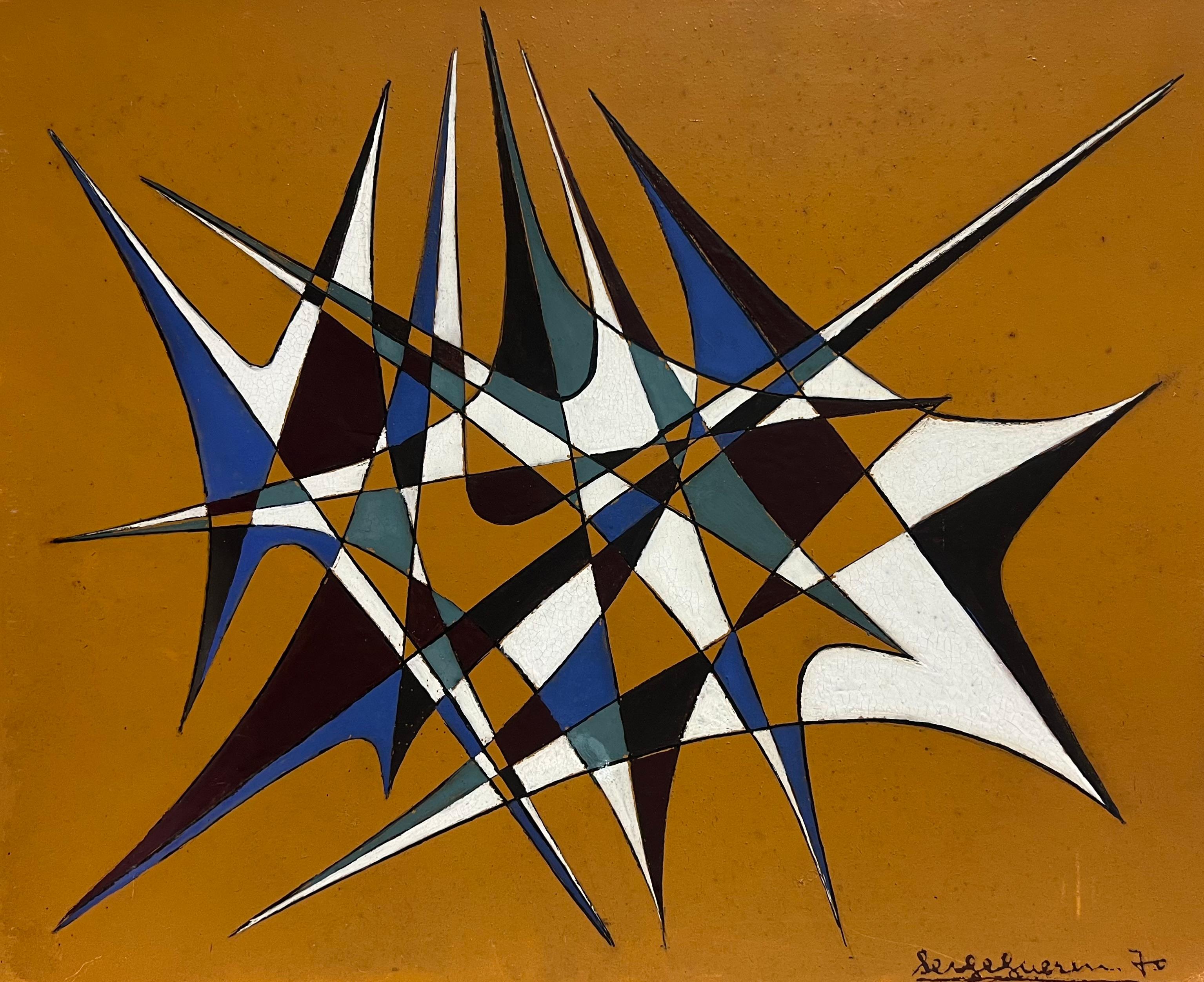 Abstract Painting di Serge Guerin (1916) - Pittura ad olio di composizione astratta geometrica francese del XX secolo, anni '70