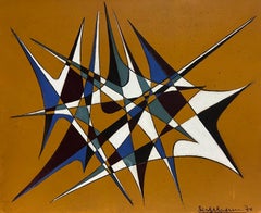 20th Century French Geometric Abstract Composition Oil Painting 1970's