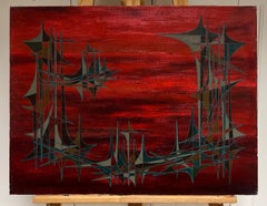 20th Century French Geometric Abstract Composition Oil Painting Deep Red Colors