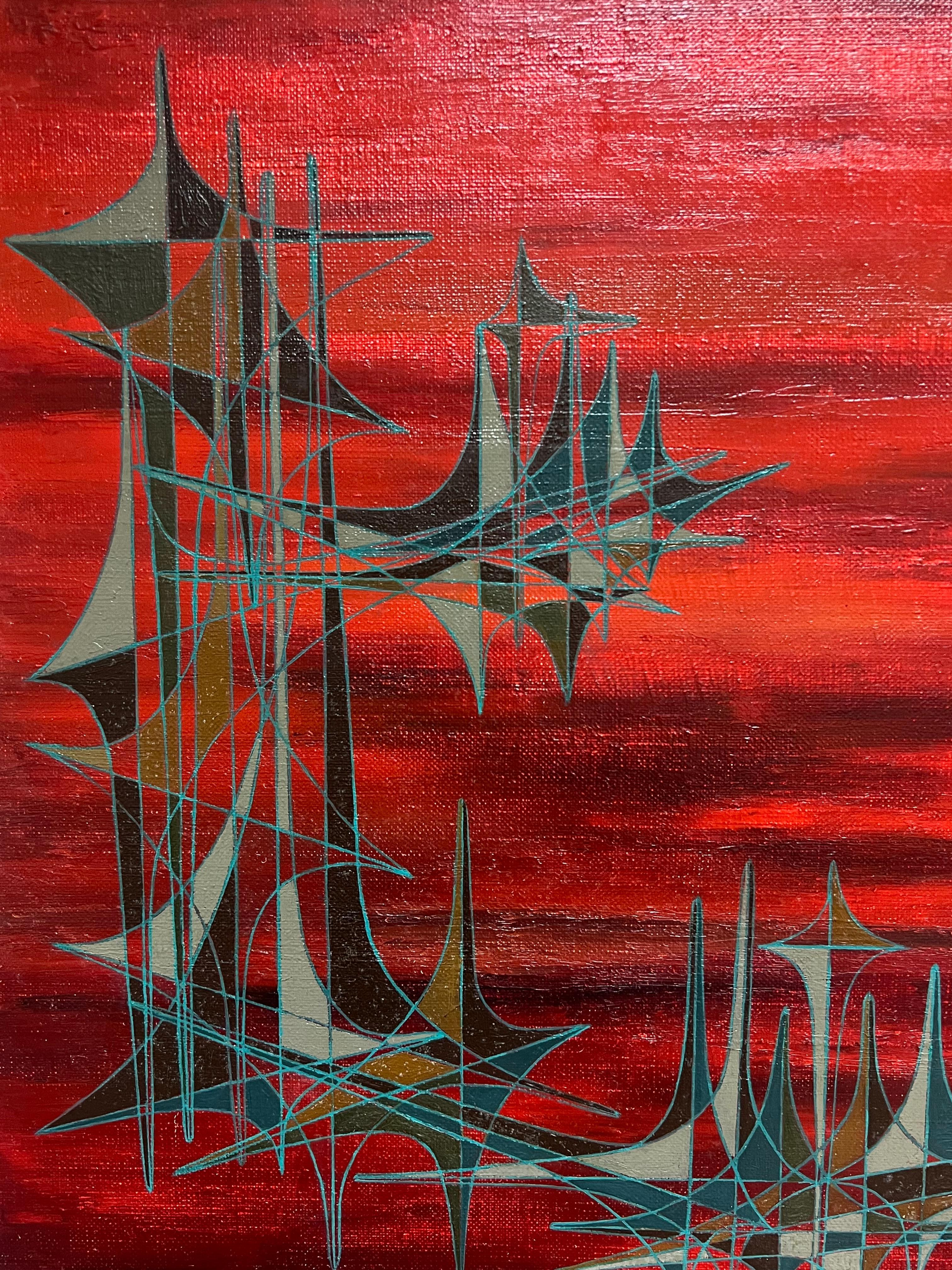 20th Century French Geometric Abstract Composition Oil Painting Deep Red Colors For Sale 1