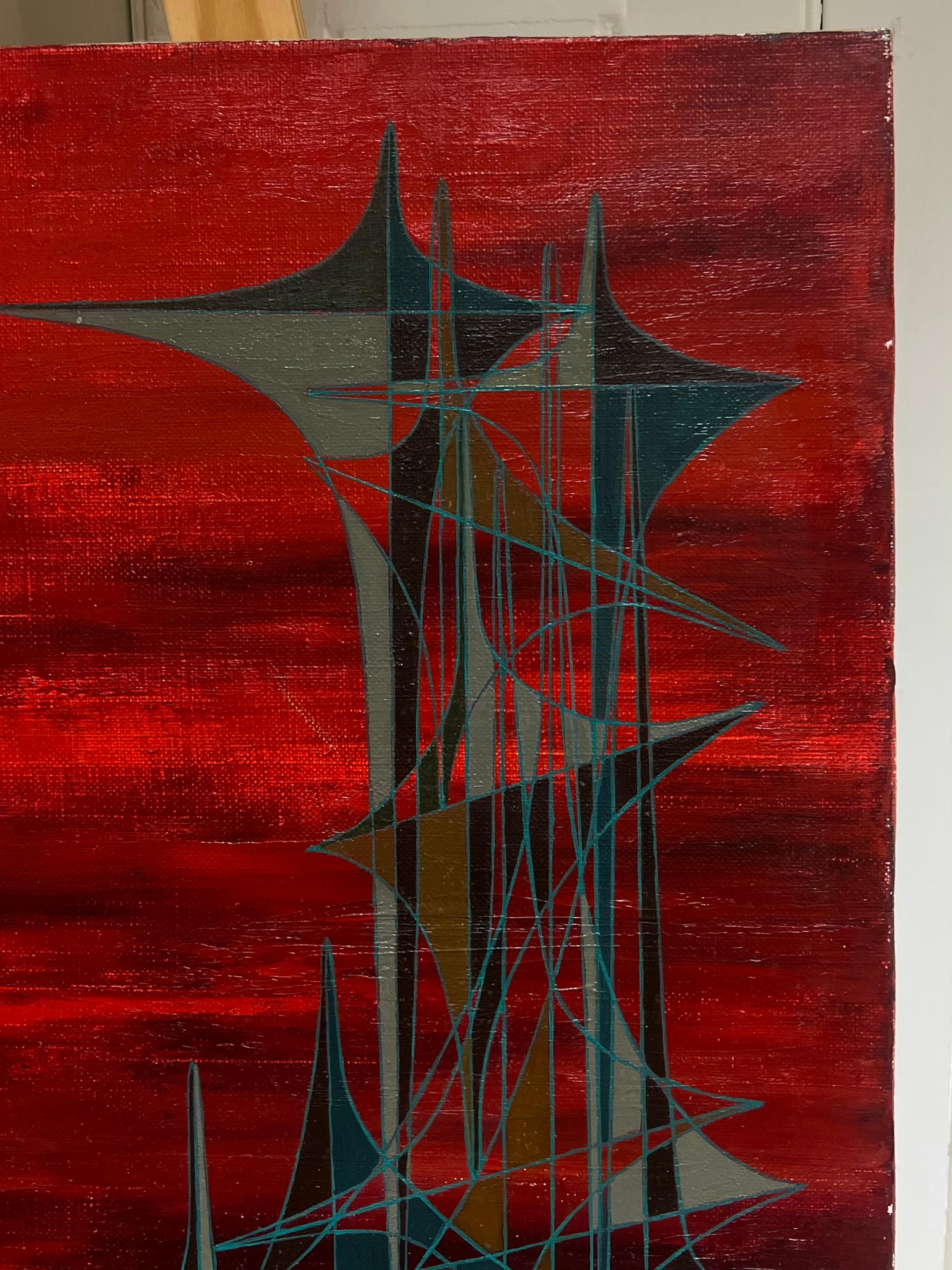 20th Century French Geometric Abstract Composition Oil Painting Deep Red Colors For Sale 2