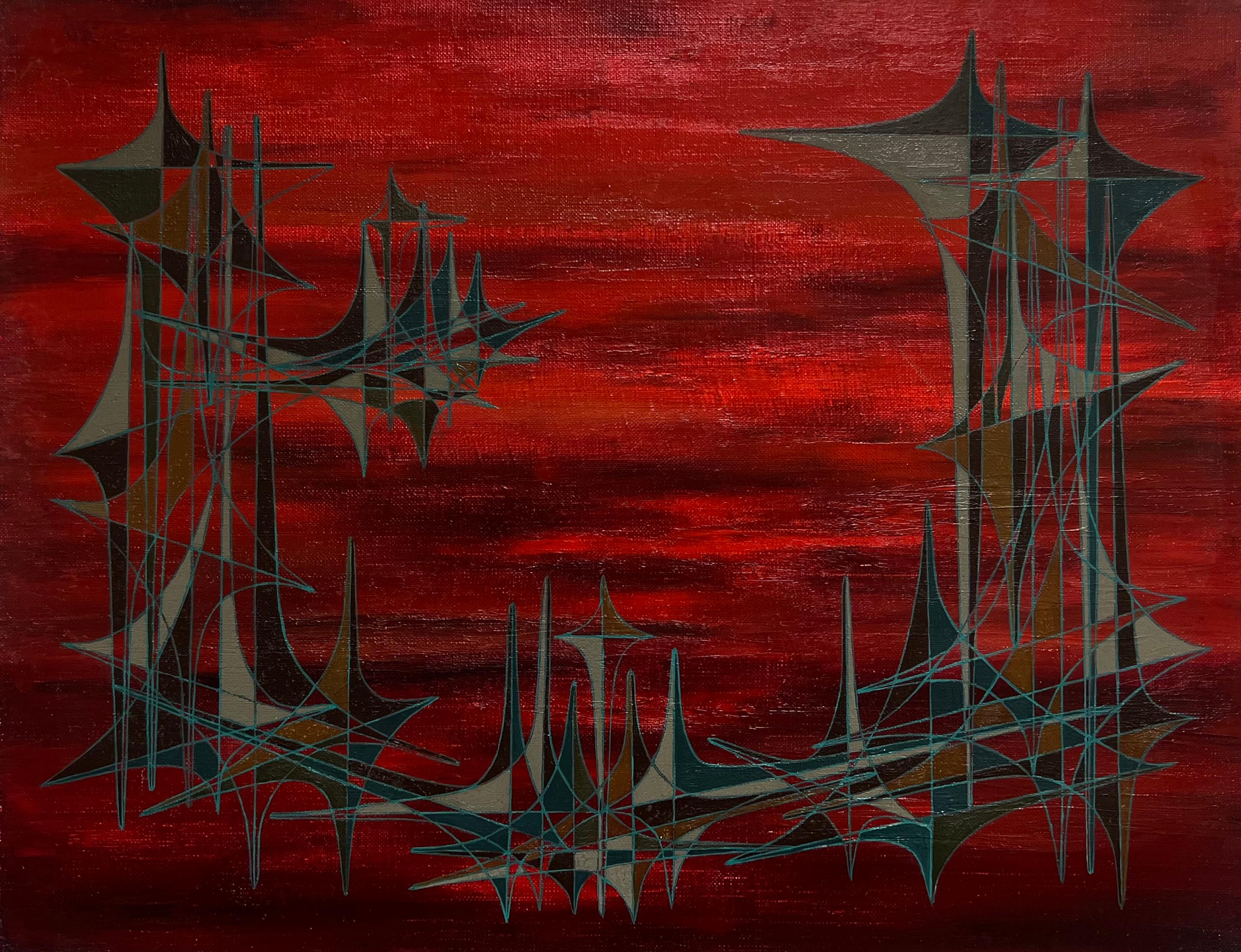 Siglo XX Pintura al óleo de composición abstracta geométrica francesa Colores rojos profundos