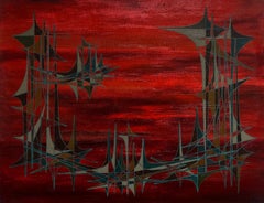 20th Century French Geometric Abstract Composition Oil Painting Deep Red Colors