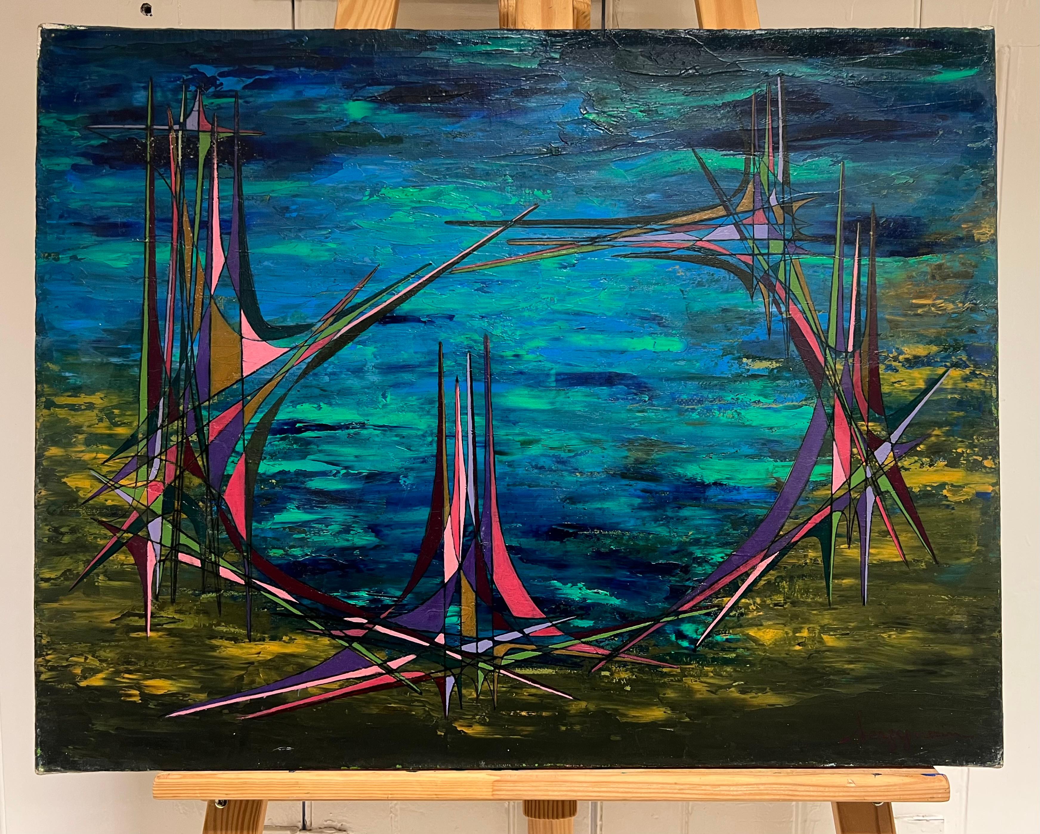 Pittura ad olio di composizione astratta geometrica francese del XX secolo - Painting di Serge Guerin (1916)