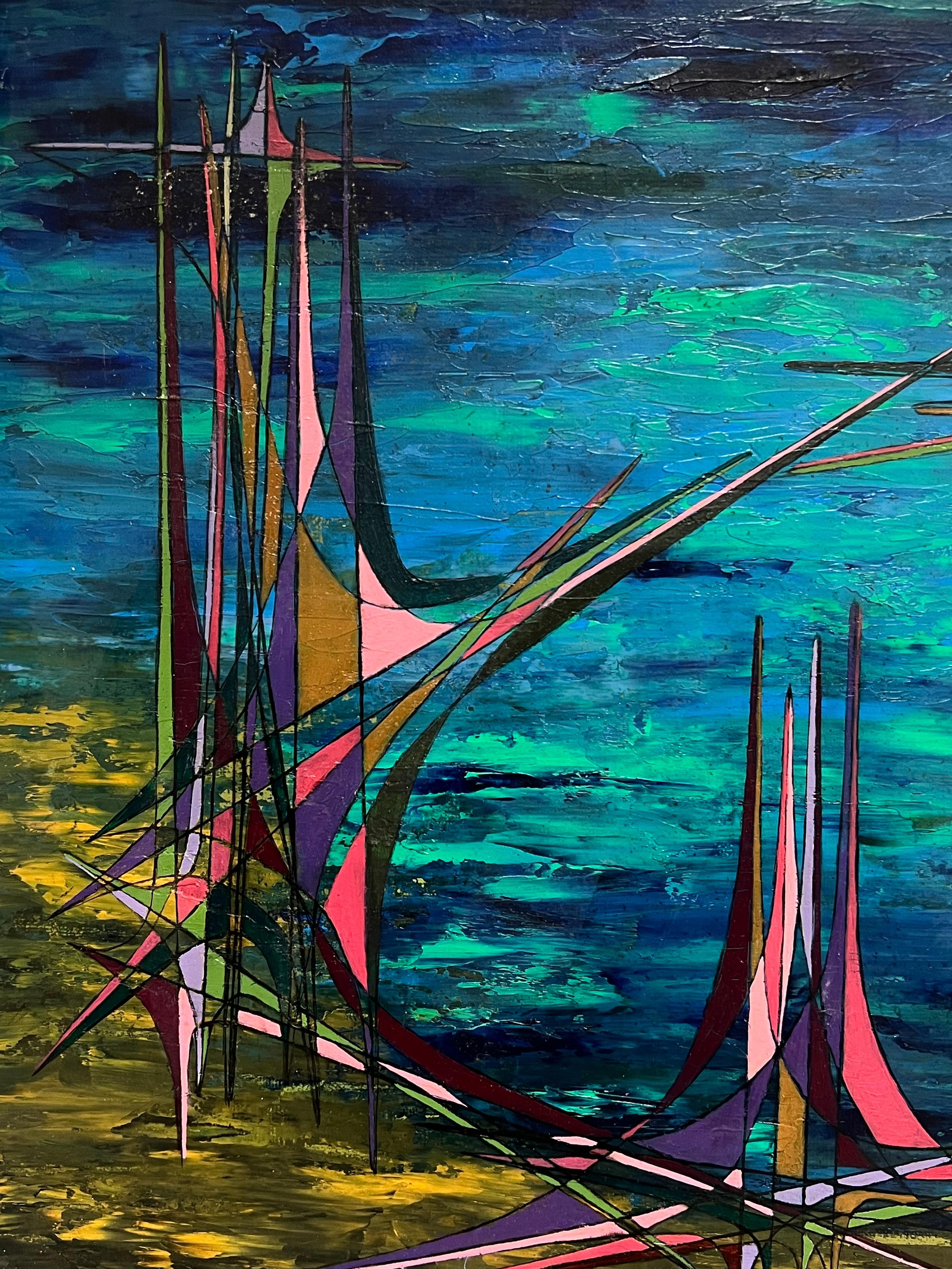 Pittura ad olio di composizione astratta geometrica francese del XX secolo - Painting Astrattismo geometrico di Serge Guerin (1916)