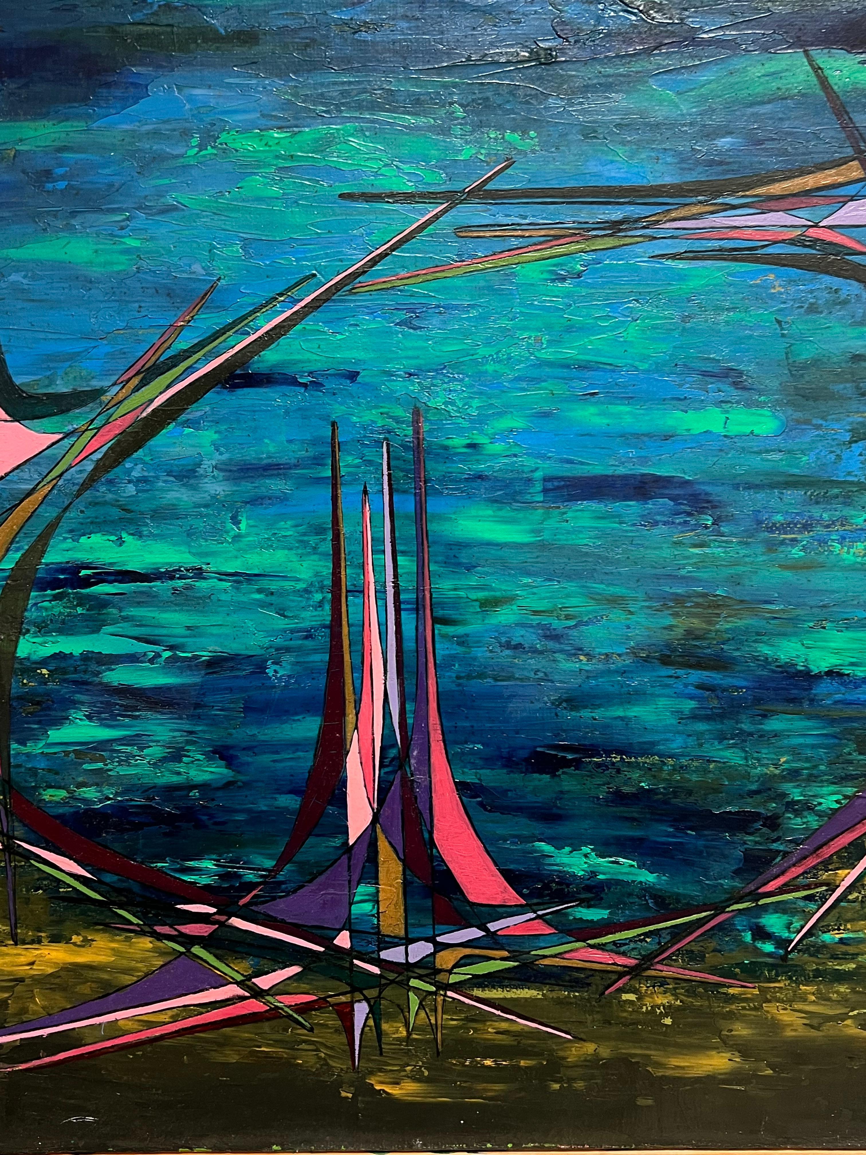 Pittura ad olio di composizione astratta geometrica francese del XX secolo - Abstract Painting Blu di Serge Guerin (1916)