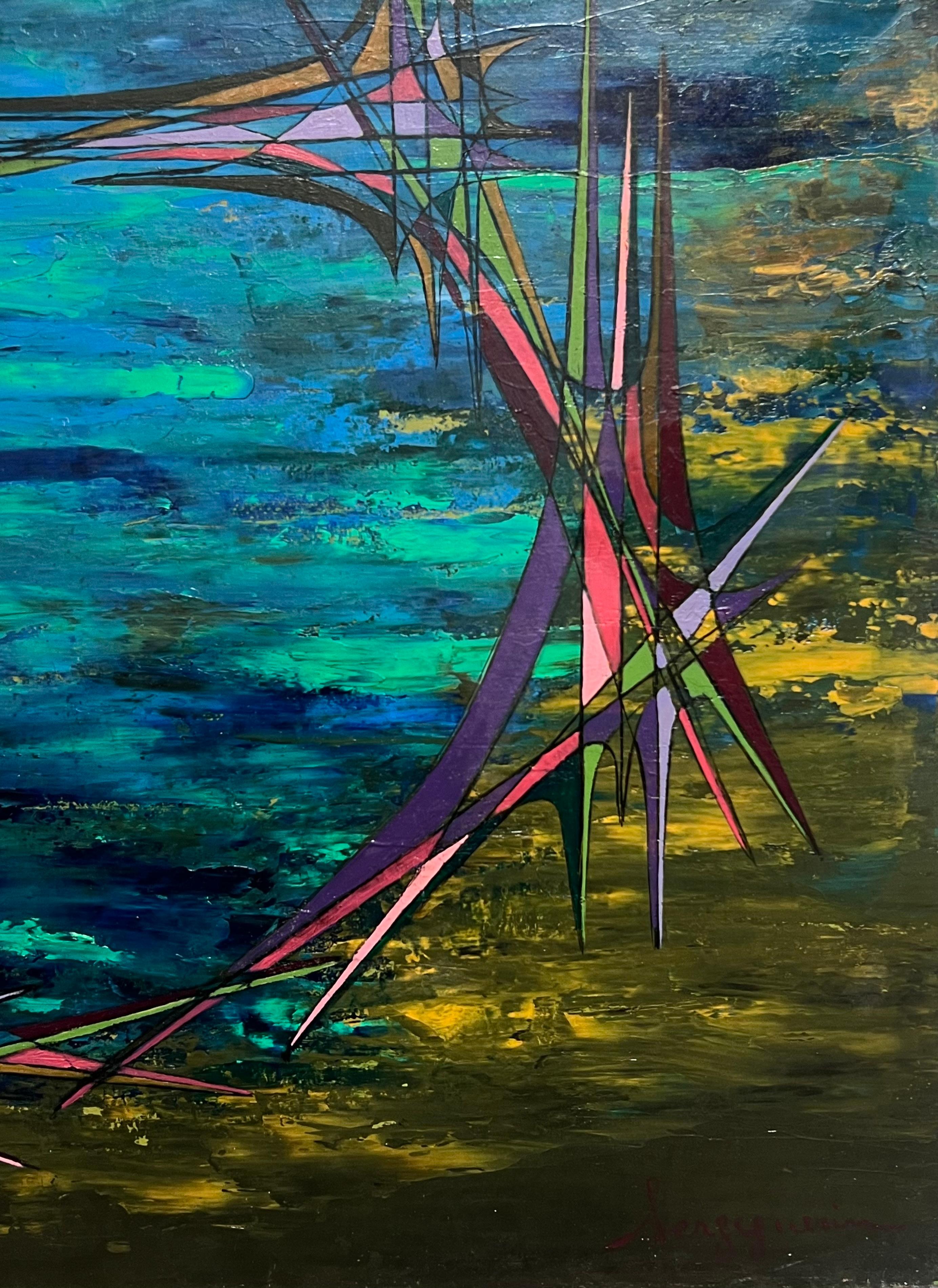 Pittura ad olio di composizione astratta geometrica francese del XX secolo in vendita 1