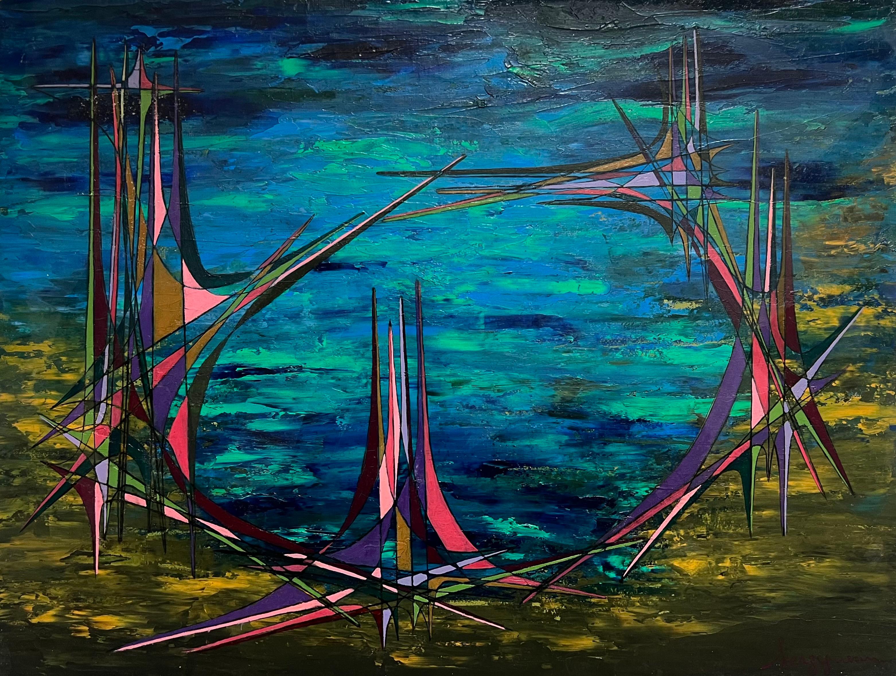 Abstract Painting di Serge Guerin (1916) - Pittura ad olio di composizione astratta geometrica francese del XX secolo