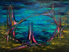 20th Century French Geometric Abstract Composition Oil Painting