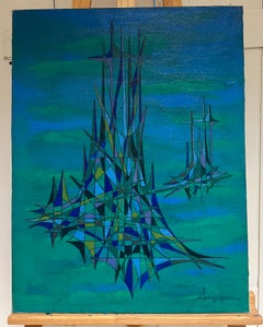 20th Century French Geometric Abstract Composition Oil Painting Green Turquoise