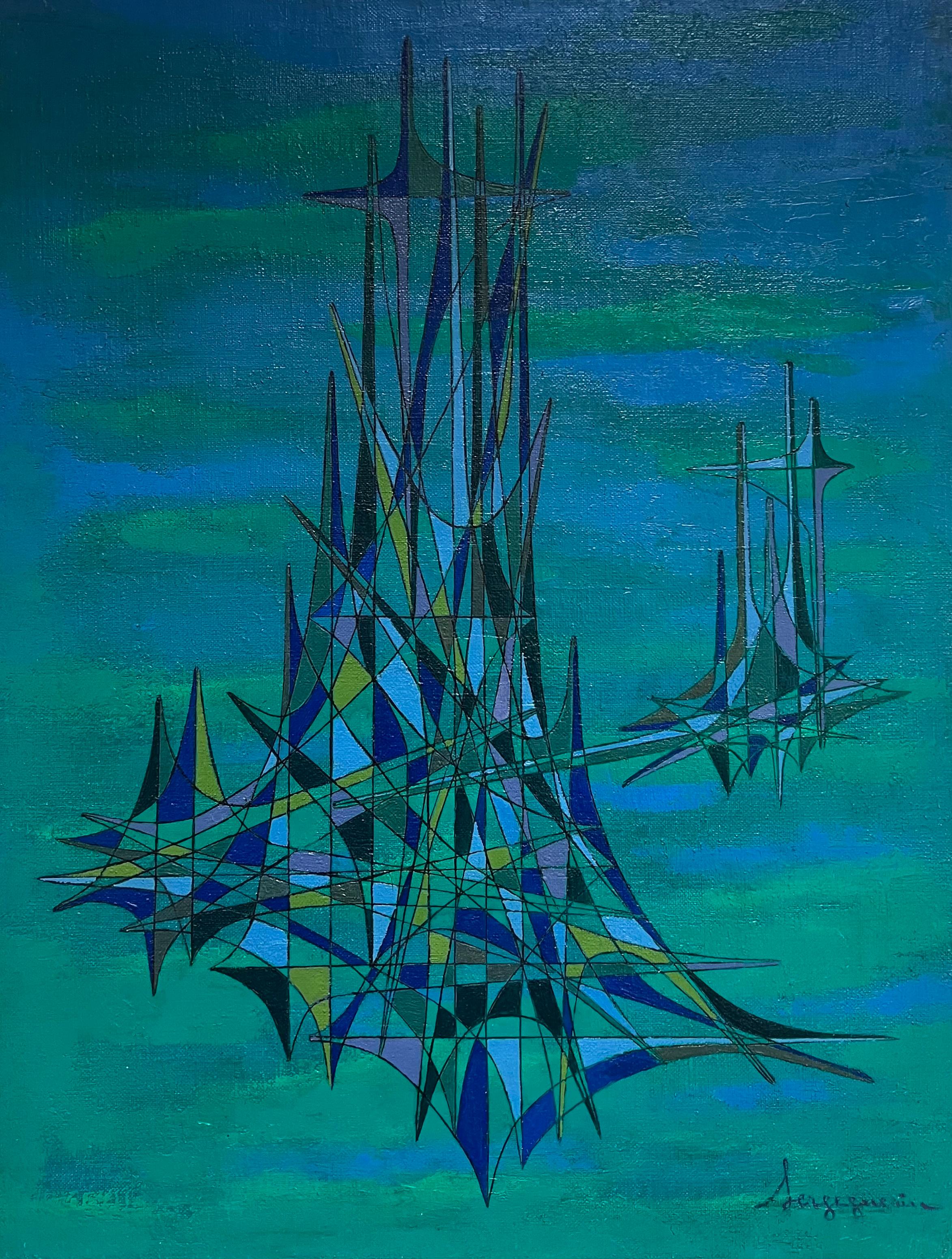 Abstract Painting di Serge Guerin (1916) - Pittura ad olio astratta geometrica del XX secolo francese Greene & Greene