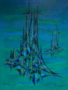 20th Century French Geometric Abstract Composition Oil Painting Green Turquoise