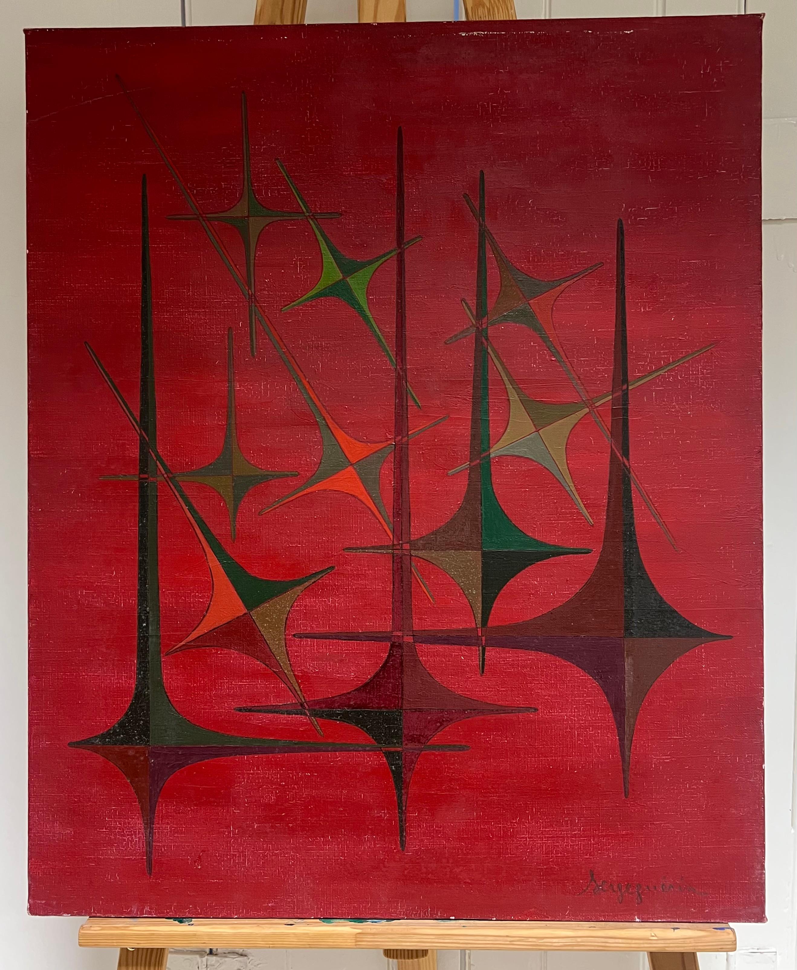 Pittura ad olio di composizione astratta geometrica del XX secolo in Francia, colori rossi - Painting di Serge Guerin (1916)