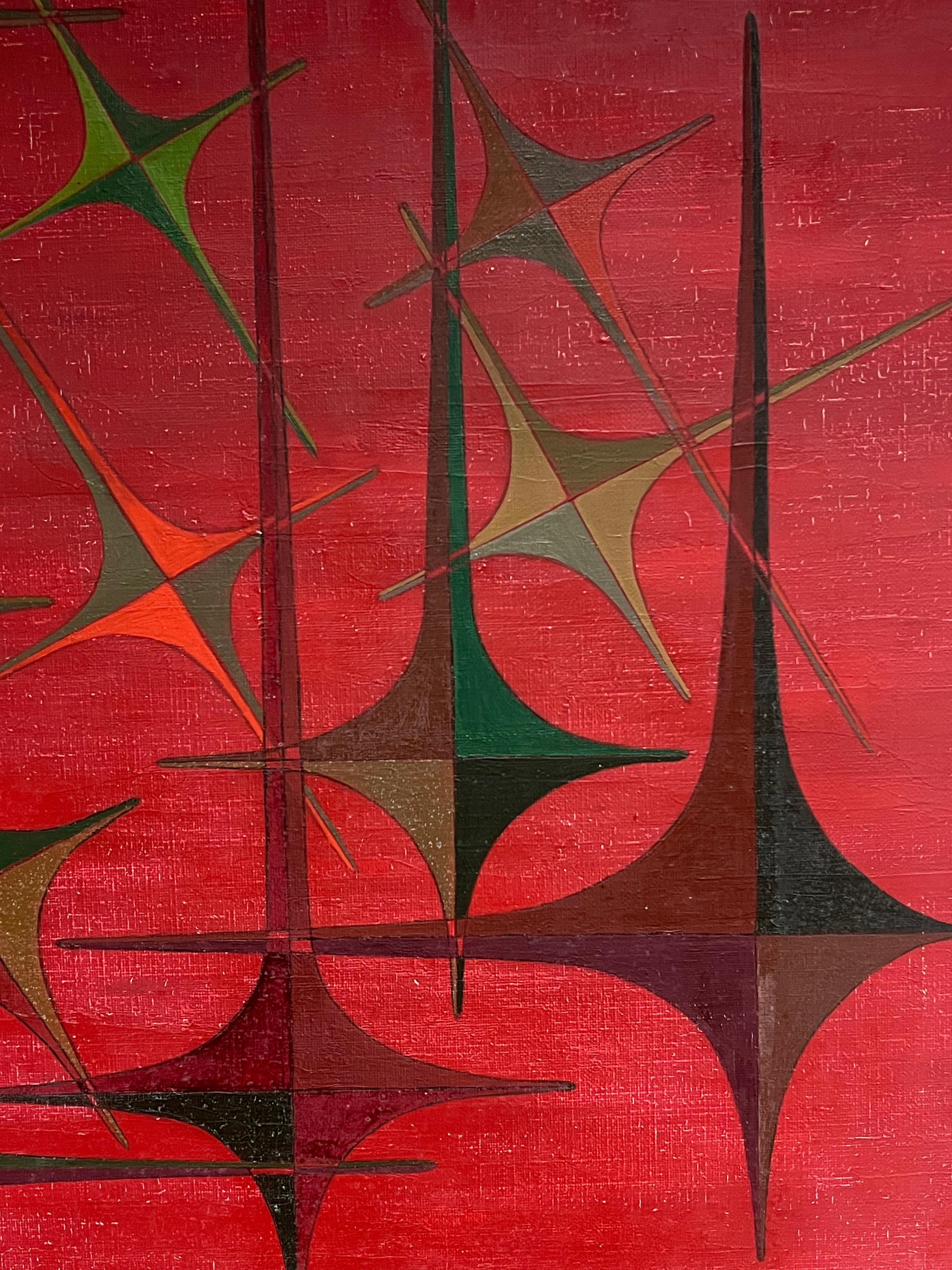 Pittura ad olio di composizione astratta geometrica del XX secolo in Francia, colori rossi - Painting Astrattismo geometrico di Serge Guerin (1916)