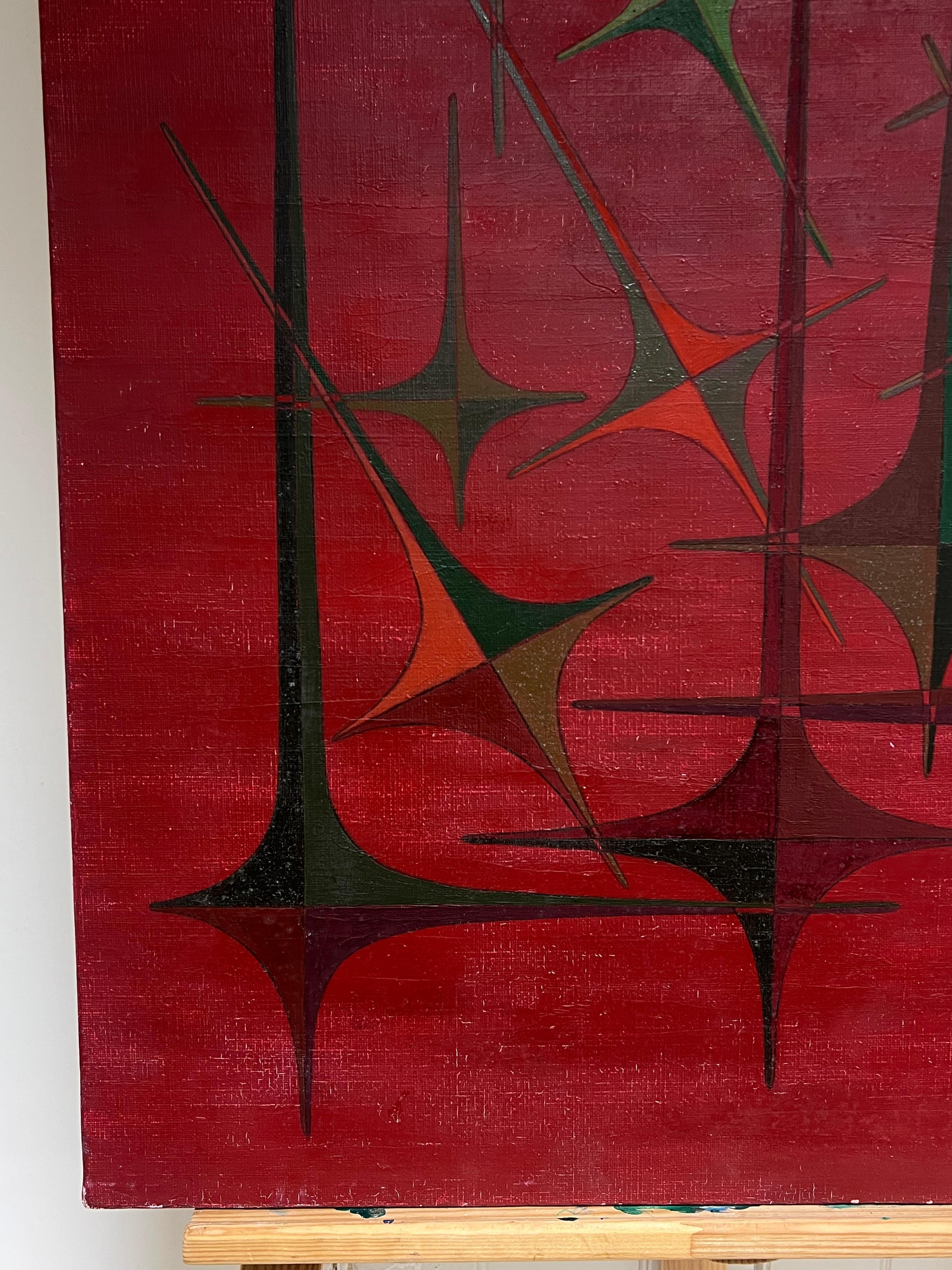 Pittura ad olio di composizione astratta geometrica del XX secolo in Francia, colori rossi - Abstract Painting Rosso di Serge Guerin (1916)